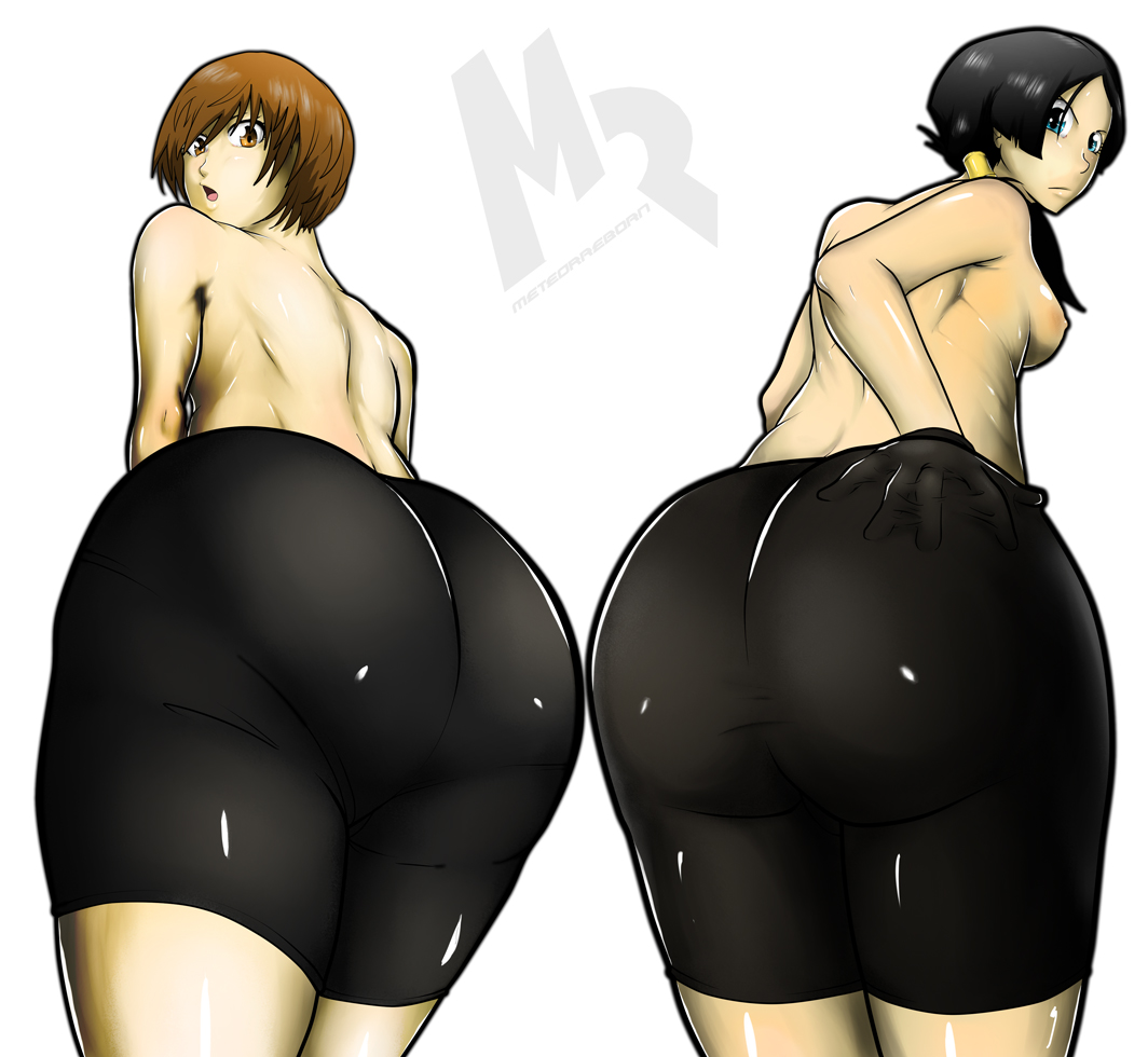 2girls, artist name, ass, ass grab, big ass, bike shorts, black bike shorts, breasts, dragon ball, dragon ball z, female, looking at viewer, looking back, median furrow, meteorreb0rn, nipples, persona, persona 4, satonaka chie, short hair, topless, twintails, videl