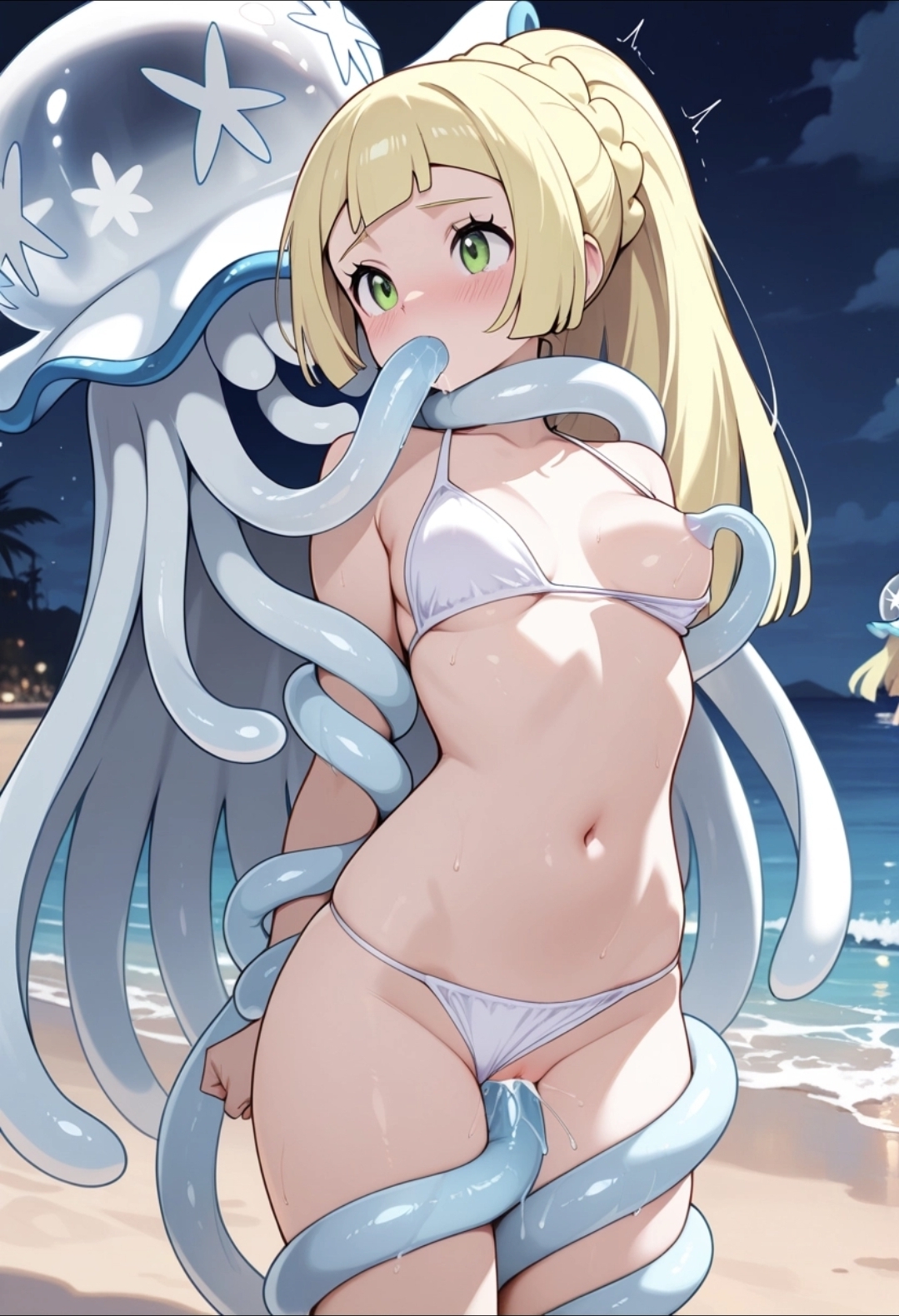 ai generated, beach, blonde hair, blush, breasts out, green eyes, hoipo, lillie (pokemon), mind control, night, nihilego, nipple sucking, pokemon, pokemon sm, pokephilia, pussy visible, restrained, small breasts, tentacle, tentacle in mouth, tentacle sex, ultra beast, white bikini