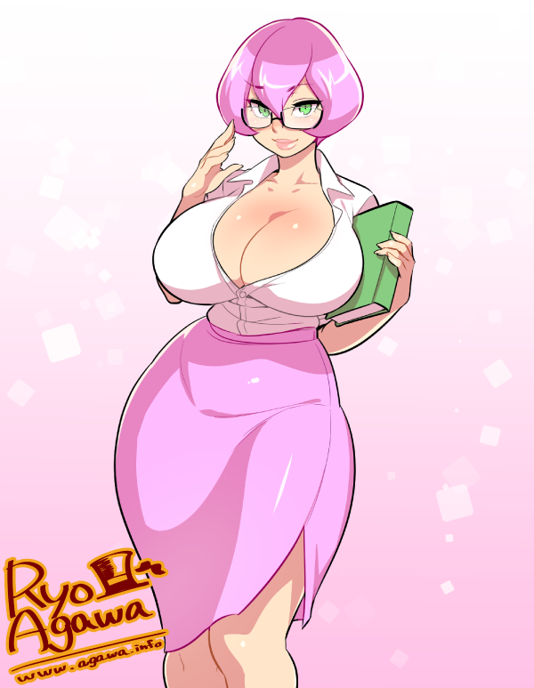 1girls book breasts business_suit cleavage formal glasses green_eyes holding holding_book huge_breasts lips midi_skirt office_lady pantyhose pencil_skirt pink_hair pink_skirt ryo_agawa short_hair skirt skirt_suit smile teacher thick_lips thick_thighs thighs tight_skirt white_shirt