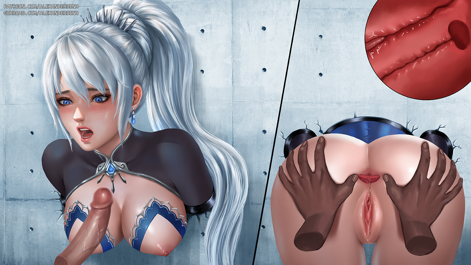 1boy, 1girls, alexander dinh, anus, areolae, ass, bondage, bottomless, breasts, censored, dark skin, dark-skinned male, disembodied penis, erection, female, femsub, interracial, male, nipples, penis, pussy, restrained, rwby, spread anus, straight, text, thigh gap, through wall, url, watermark, weiss schnee, x-ray