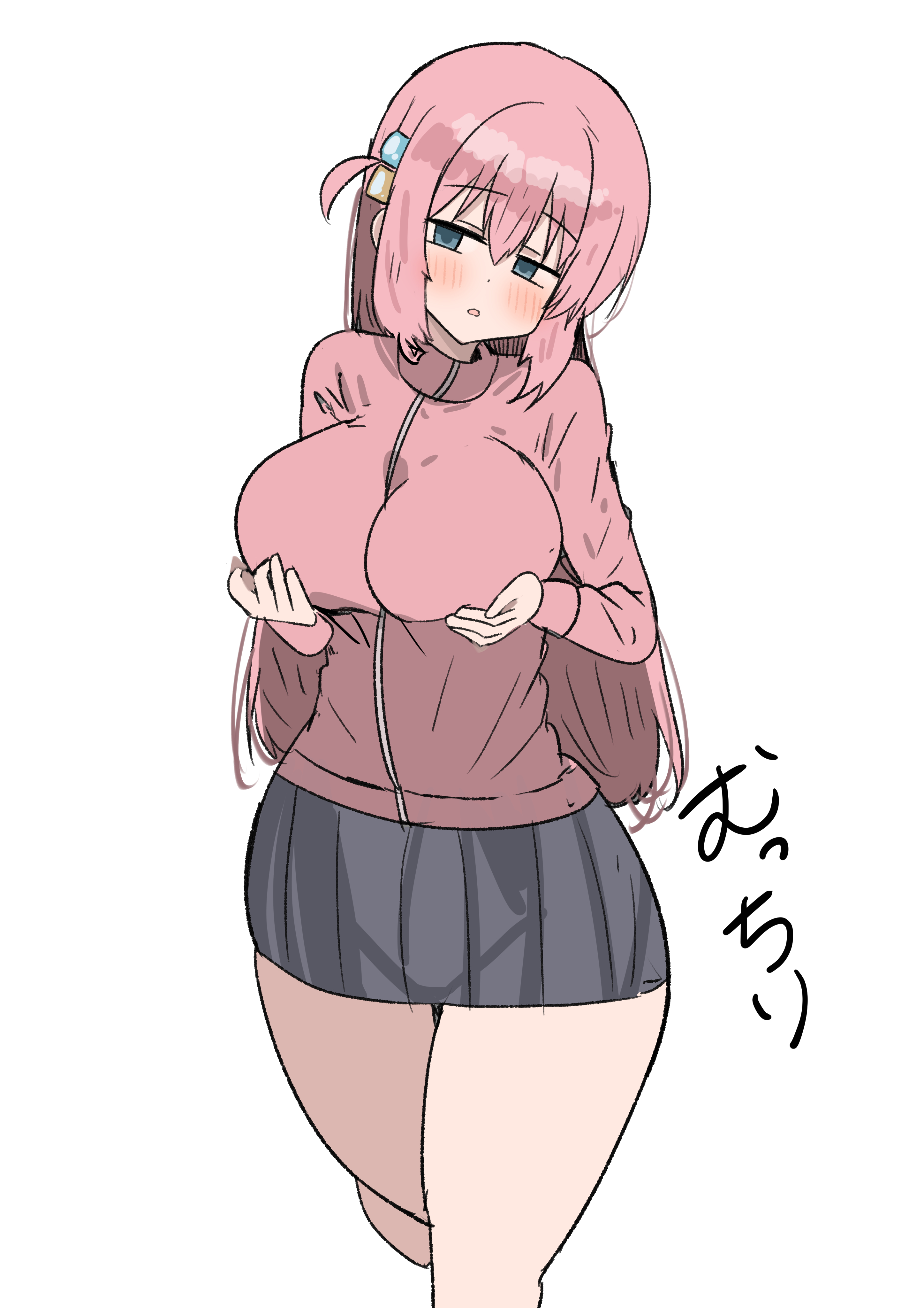 1girls, 2026, big breasts, big thighs, blue eyes, blush, bocchi the rock!, breasts, clothed, clothing, color, digital media (artwork), dress, female, flustered, gotou hitori, hair, hi res, huge thighs, legs, light skin, light-skinned female, long hair, looking at viewer, looking away, open mouth, pink hair, simple background, skirt, solo, solo female, subaru nya, thick thighs, thighs, white background