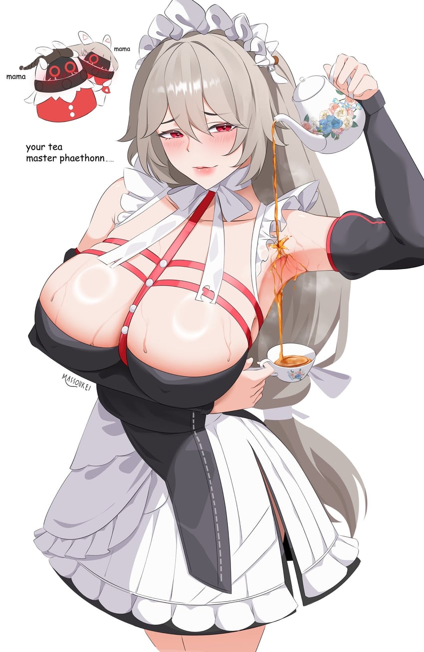 1girls, absurd res, alexandrina sebastiane, anastella (zenless zone zero), apron, bangboo (zenless zone zero), blush, breasts, cleavage, cup, dress, drusilla (zenless zone zero), english text, grey hair, highres, holding, holding teapot, hoyoverse, large breasts, long hair, looking at viewer, maid, maid apron, maid headdress, massoukei, mature, mature female, pouring, pouring on self, red eyes, revealing clothes, simple background, solo, tea, teacup, teapot, very long hair, white apron, zenless zone zero