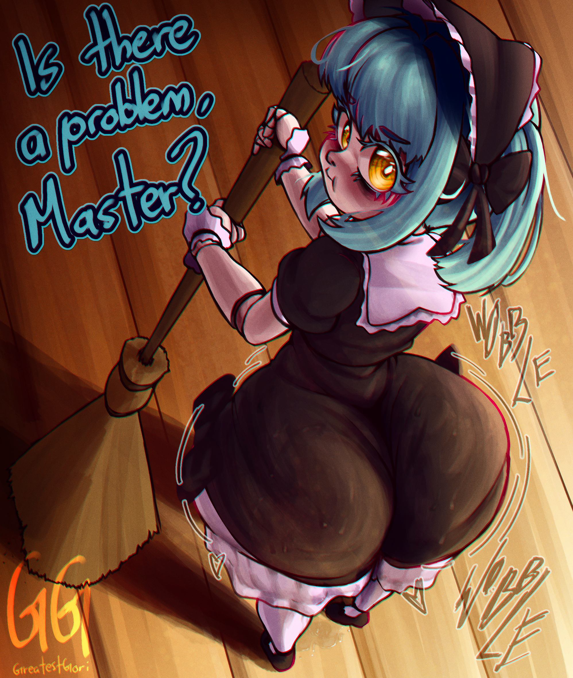 1girls, ass, ass focus, big ass, blue hair, bottom heavy, broom, bubble butt, dialogue, doll, doll joints, dress between buttocks, dress inside ass, greatestgori, holding broom, holding object, huge ass, living doll, looking at viewer, maid, maid headdress, maid outfit, maid uniform, monster girl, onomatopoeia, pout, pouting, shortstack, sweaty, sweaty ass, sweaty butt, tagme, wide hips, yellow eyes