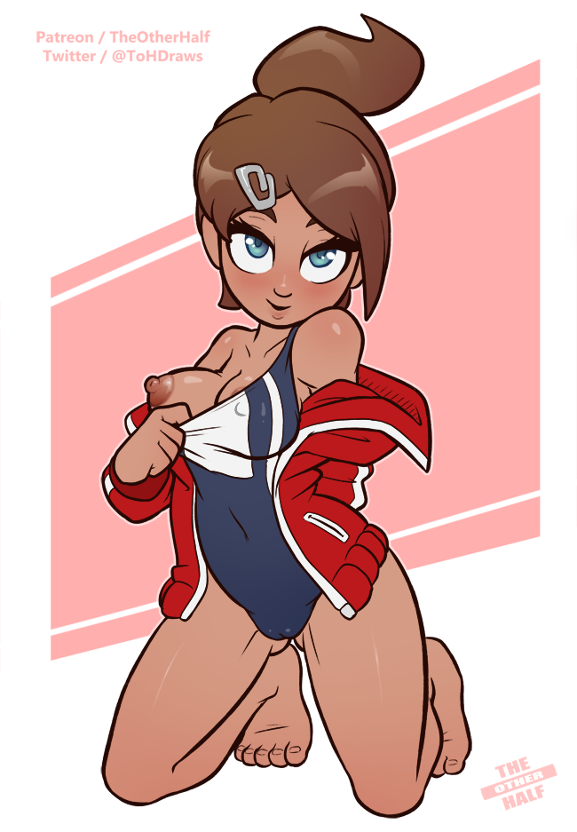 1girls, areolae, asahina aoi, blue eyes, breasts, brown hair, cameltoe, clothing, danganronpa, dark skin, dark-skinned female, female, female only, hair, nipples, pussy, seductive, solo, straight hair, swimsuit, the other half, video games