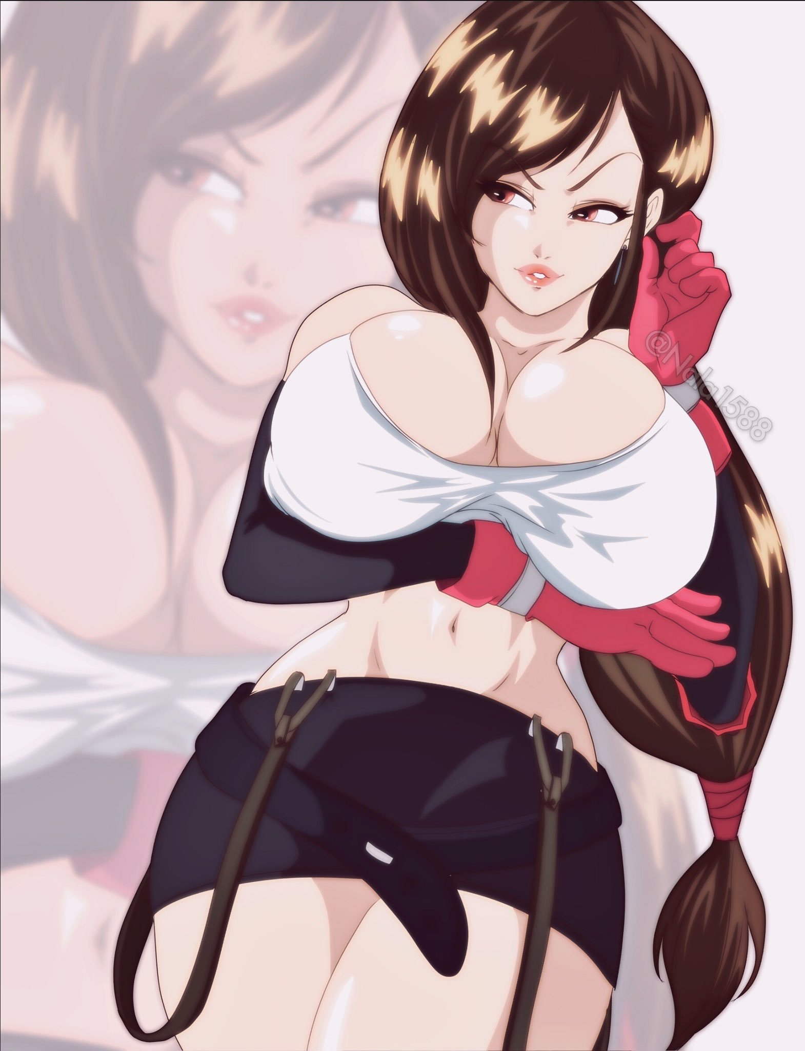 big breasts, breasts, busty, cleavage, female, female focus, female only, final fantasy, final fantasy vii, hourglass figure, lipstick, long hair, nala1588, navel, skirt, solo, suspenders, thick thighs, tifa lockhart, wide hips