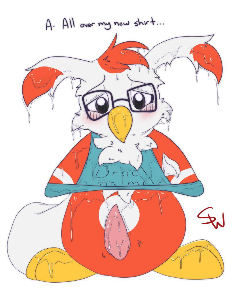 1boy beak black_eyes blush bodily_fluids bottomless clothed clothing delibird dialogue erection excessive_saliva eyewear feet feral glasses male male_only nintendo original_character penis pokémon_(species) pokemon pokemon_gsc red_feathers saliva shinywark shirt solo standing tapering_penis text trembling video_games watermark wet white_background