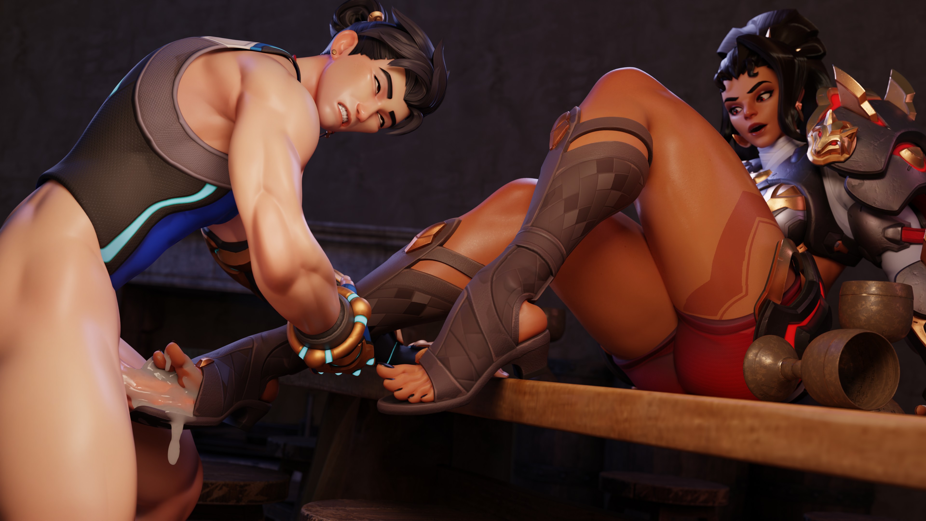 1boy1girl, 3d, 3d (artwork), asian, asian male, biceps, blender, blizzard entertainment, cum, cum drip, dark-skinned female, erection, feet, femdom, foot fetish, footjob, highres, interracial, italian female, light-skinned male, male/female, malesub, muscular, muscular male, overwatch, straight, submissive male, toes, vendetta, wuyang
