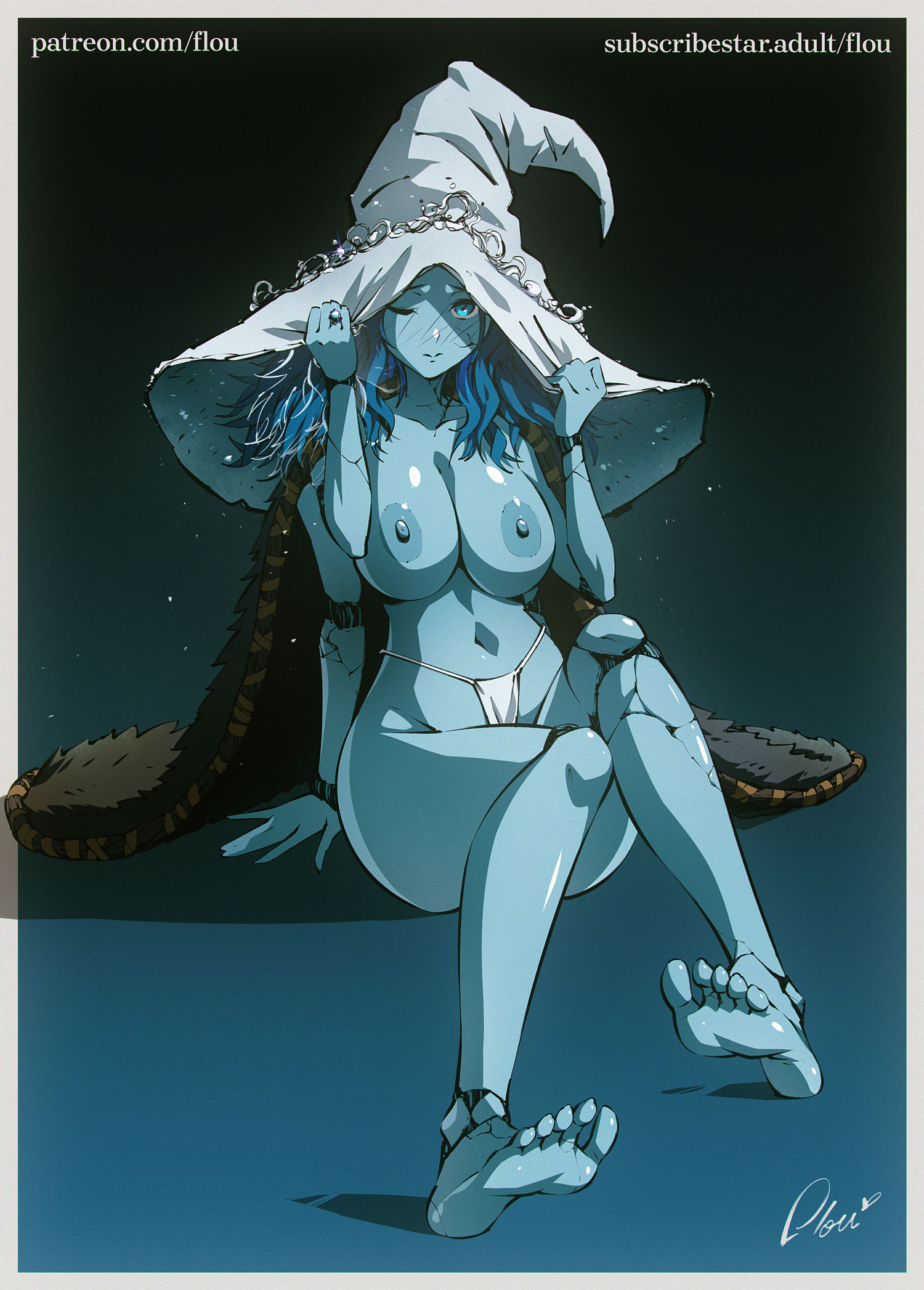 4 arms, barefoot, blue body, blue hair, blue skin, blush, blush lines, blushing, blushing at viewer, cracks, doll, elden ring, feet, female, flou, fromsoftware, looking at viewer, nipples, panties, ranni the witch, shiny, shiny skin, sitting, soles, solo, toes, video game character, video games, witch, witch hat
