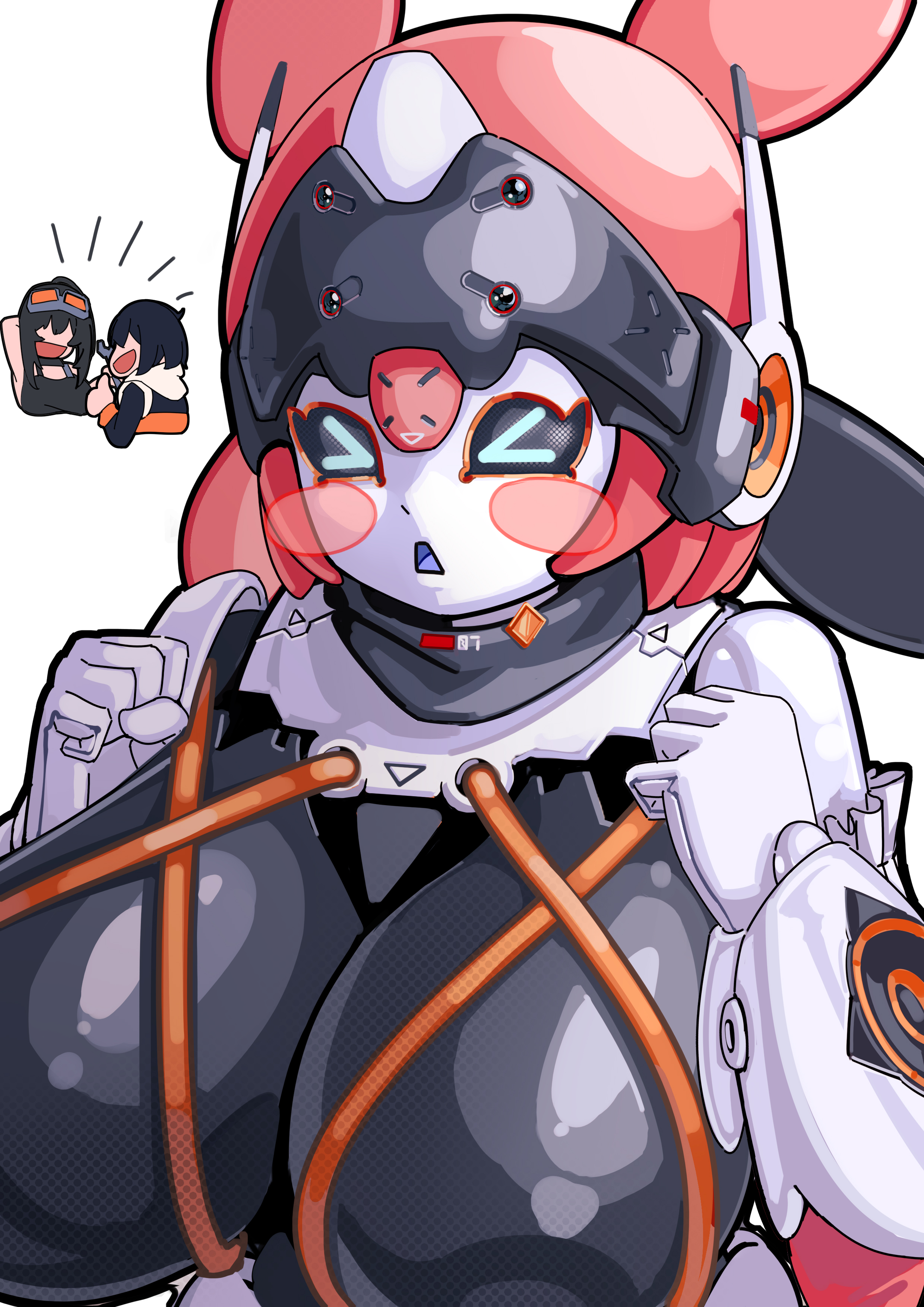 :d, > <, 3girls, absurdres, alternate breast size (larger), angels of delusion, aqua bow, aria (zenless zone zero), aria (zenless zone zero) (robot form), arm behind head, arm up, belle (zenless zone zero), black hair, black jacket, black shirt, black tank top, blush stickers, bow, breast expansion, breasts, clenched hands, closed eyes, commentary request, goggles, goggles on head, grace howard, hand up, hands up, highres, holding, holding wrench, hood, hood down, hooded jacket, huge breasts, humanoid robot, jacket, long hair, long sleeves, medium hair, multicolored hair, multiple girls, no eyes, open mouth, parted lips, pink hair, quad tails, robot, robot girl, shirt, simple background, sleeveless, sleeveless jacket, slug 1356, smile, tank top, thumbs up, two-tone hair, upper body, white background, wrench, wrist bow, zenless zone zero
