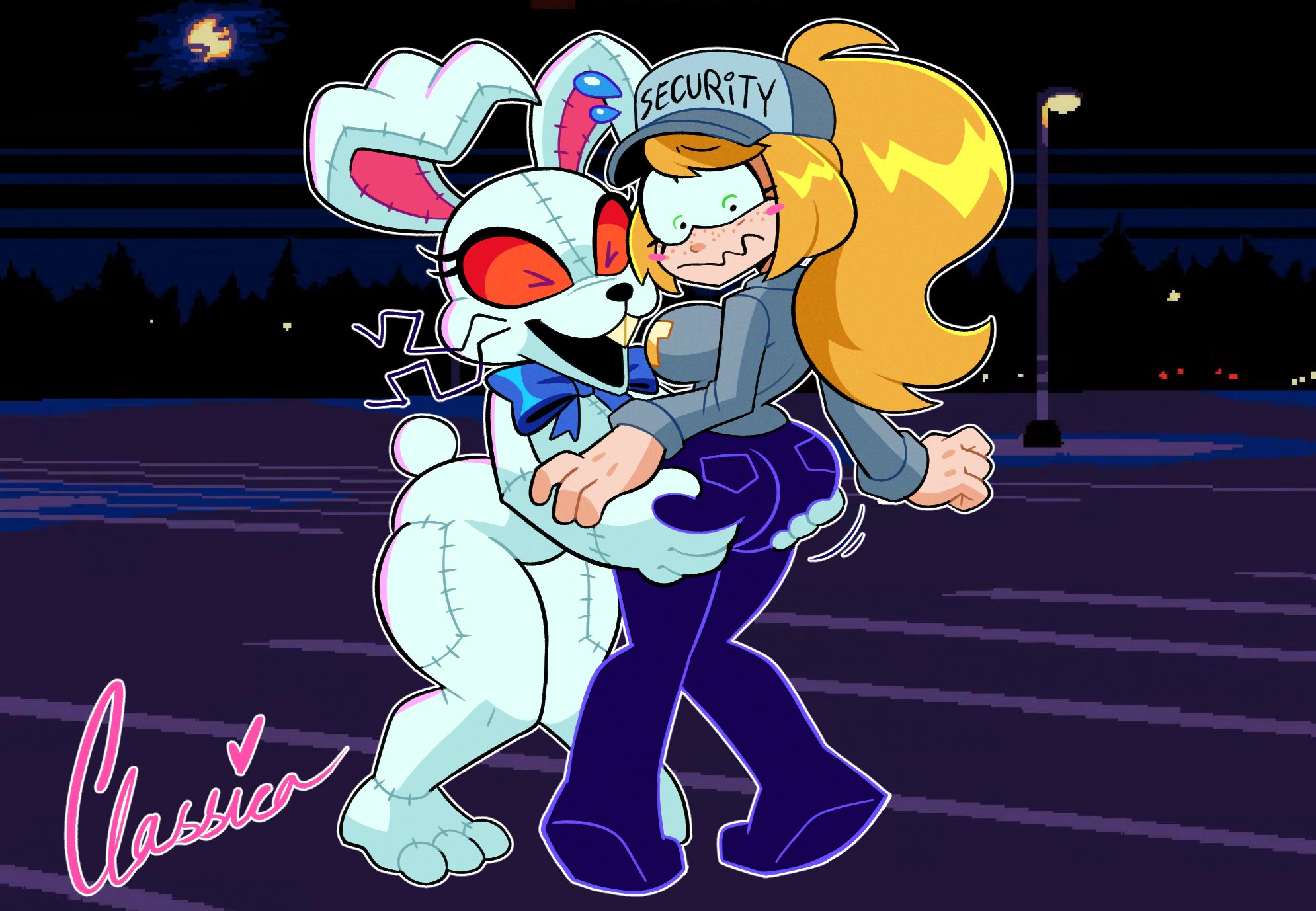 ass, ass grab, blonde female, blonde hair, classica p, clothed, costume, female, female only, five nights at freddy's, five nights at freddy's: security breach, five nights at frickbears, five nights at frickbears 3, flustered, grabbing ass, green eyes, human, lagomorph, rabbit, red eyes, security guard, teasing, vanessa (fnaf), vanessa shelley (frickbears), vannabelle (frickbears 3), vanny (fnaf), vanny (frickbears), yuri
