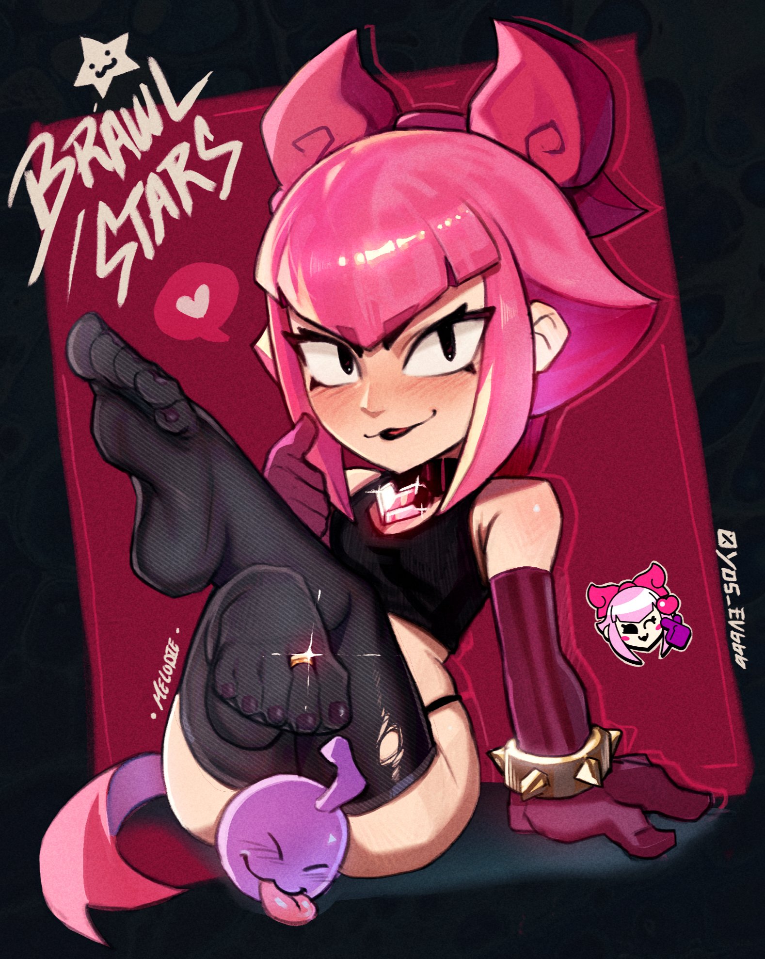1girls, 2026, arm support, black lipstick, blush, blush lines, body blush, bracelet, brawl stars, collar, covered pussy, elbow gloves, eyelashes, feet focus, female, female only, hairbow, heart symbol, lipstick, melodie (brawl stars), melodie note (brawl stars), no pants, painted toenails, pink hair, pointing, pointing at viewer, shin, thighhighs, tongue out, yos ev666