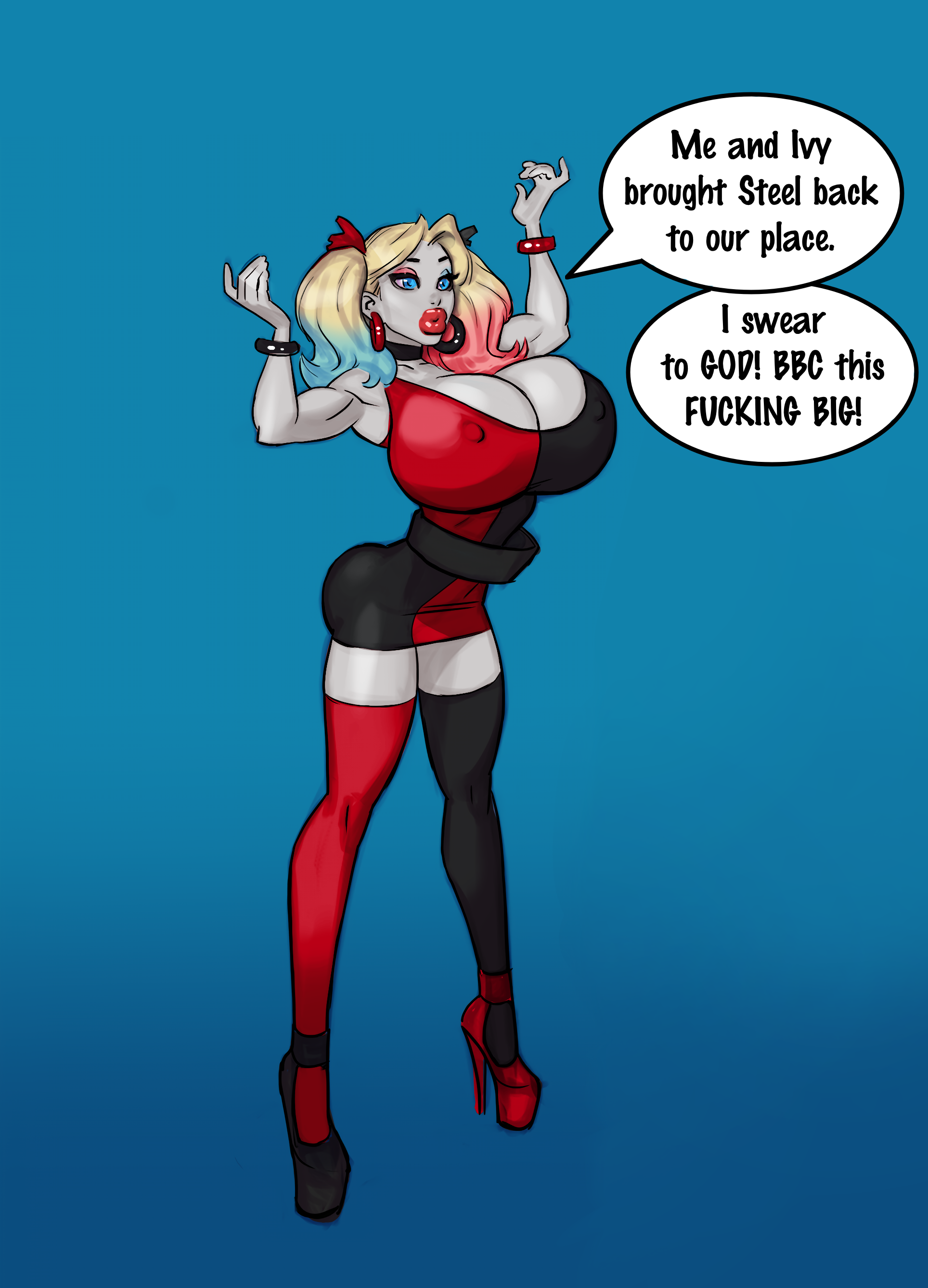 bimbo, bimbo body, bimbo lips, blonde female, blonde hair, blue hair, choker, dc, dc comics, edit, harley quinn, high heels, huge ass, huge breasts, pale skin, pale-skinned female, red hair, red lips, theofficialpit edits, thighhighs