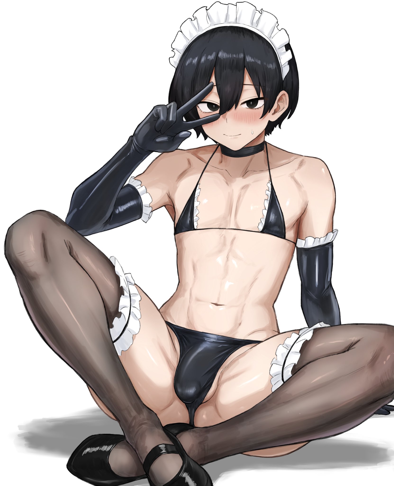 1boy, bikini top, blush, bulge, bulge through clothing, crossdressing, crossdressing (mtf), crossdressing male, elbow gloves, femboy, gloves, high heels, latex, latex clothing, latex gloves, maid, maid headdress, maid outfit, maid uniform, male, male only, miya nns35, sitting, stockings, thick thighs, thigh highs, thighhighs, thong, trap, v sign