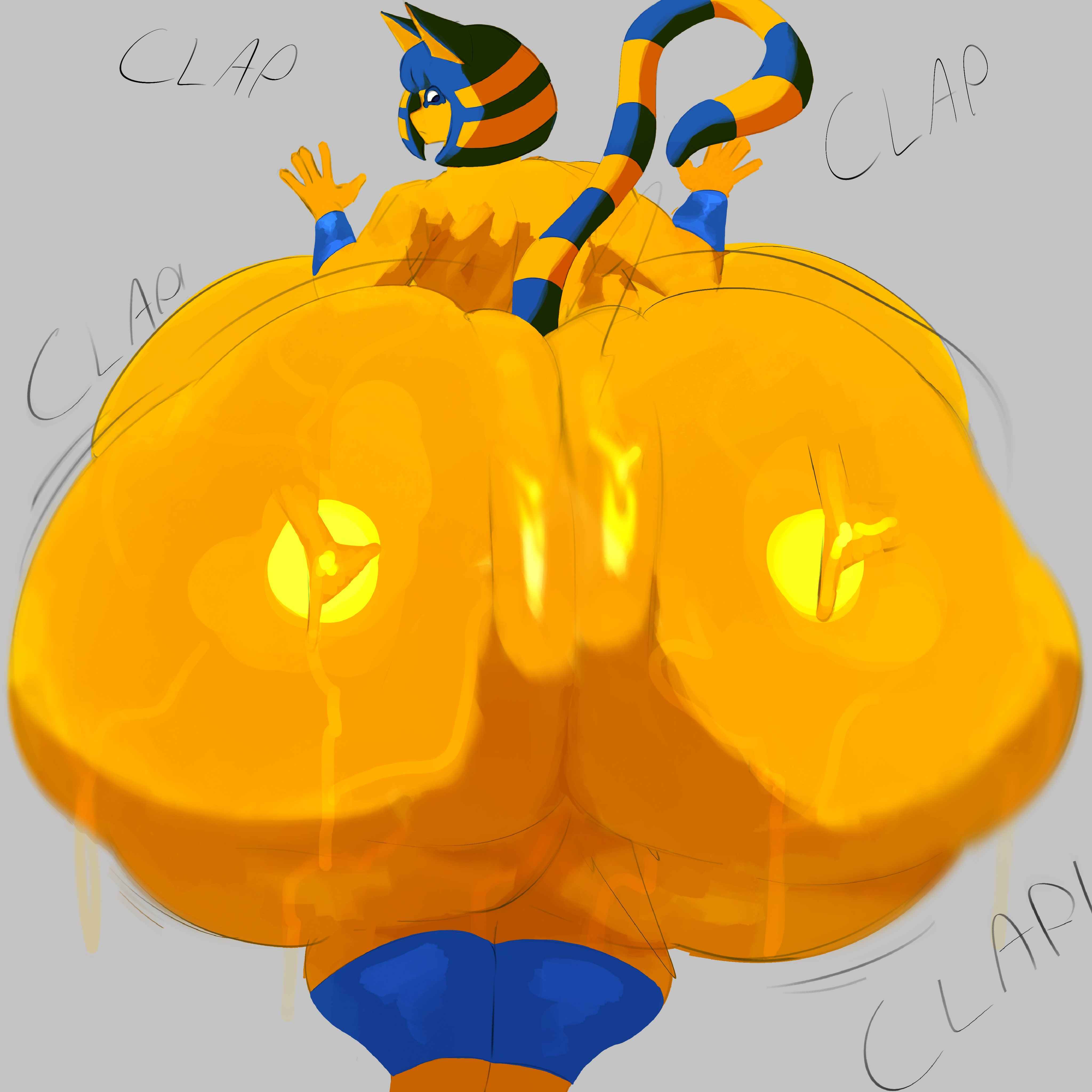 1female, 1girl, 1girls, 2026, adawndraws, animal crossing, ankha, ankha (animal crossing), arm bracelets, ass, back view, big ass, blue accessory, cat, cat ears, cat tail, clapping ass, clapping cheeks, digital art, digital drawing (artwork), digital media, digital media (artwork), feline, female, female only, furry, gray background, grey background, huge ass, hyper, hyper ass, hyper hips, looking at viewer, looking back, looking back at viewer, onomatopoeia, shaking ass, solo, solo female, striped tail, sweat, sweaty, sweaty ass, sweaty body, twerking, wide hips, yellow body, yellow fur