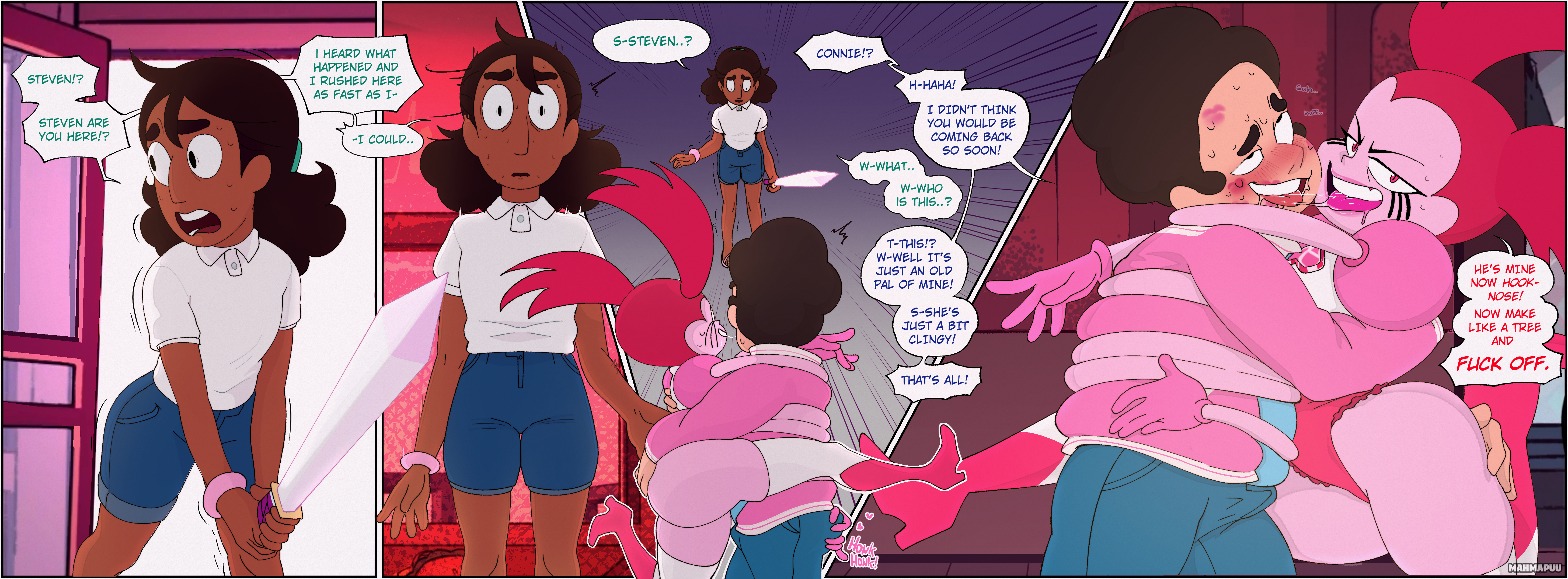 1boy, 2girls, absurd res, absurdres, ahe gao, cartoon network, caught, comic, connie maheswaran, cuckquean, dialogue, drool string, drooling, female, femdom, hug, humiliation, hypnosis, hypnotic eyes, hypnotized, kissing, lips, lipstick, lipstick mark, mahmapuu, male, mind break, mind control, multiple females, multiple girls, nervous, netorare, shocked, speech bubble, spinel (steven universe), steven quartz universe, steven universe, straight, tagme, thick legs, trembling, worried