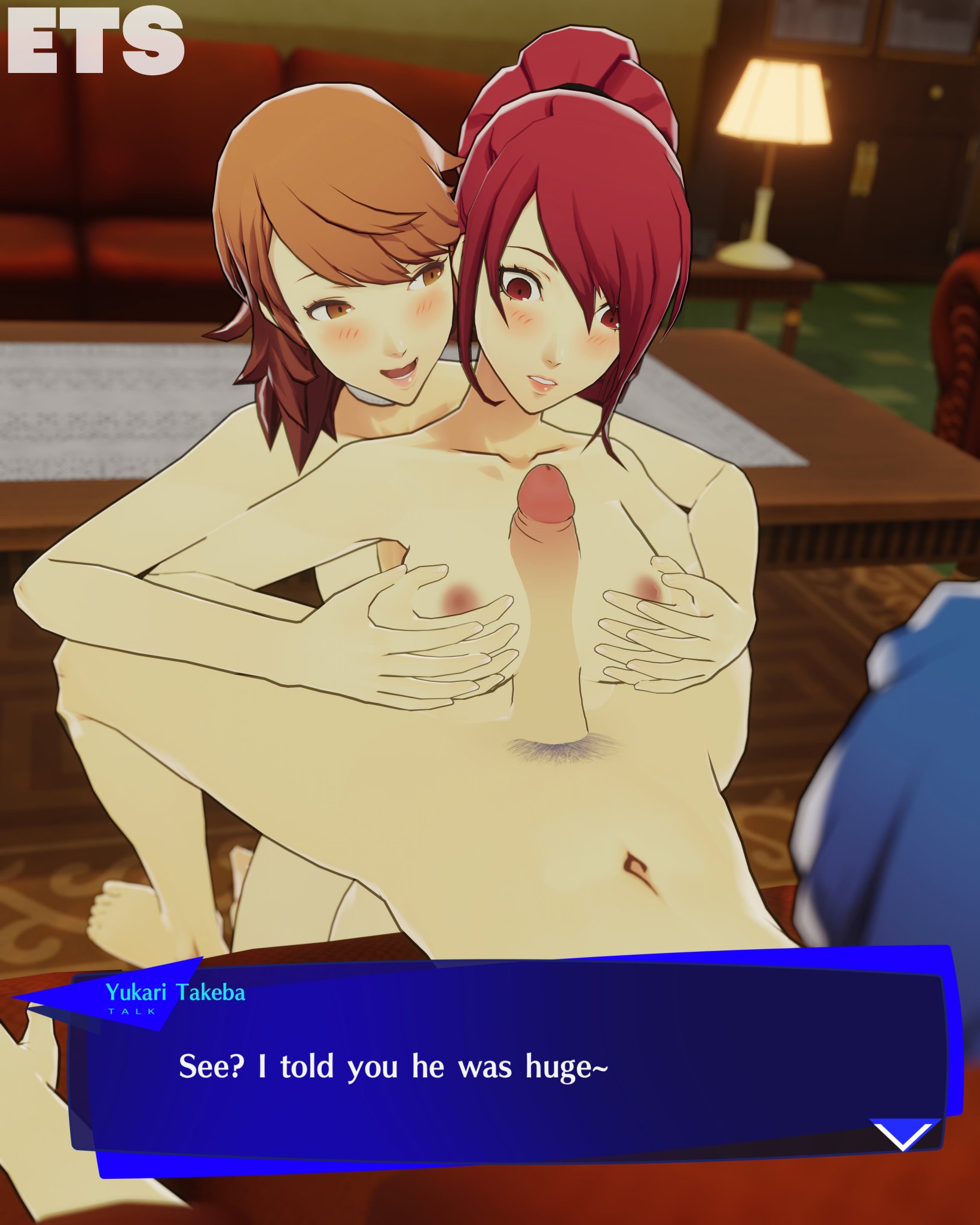 1boy2girls, 2girls1boy, blue hair, blush, brown eyes, brown hair, couch, couch sex, eulathighstraps, hands on breasts, makoto yuki, mitsuru kirijo, persona, persona 3, pink nipples, red eyes, red hair, smiling, speech bubble, text, threesome, titjob, titjob pov, yukari takeba