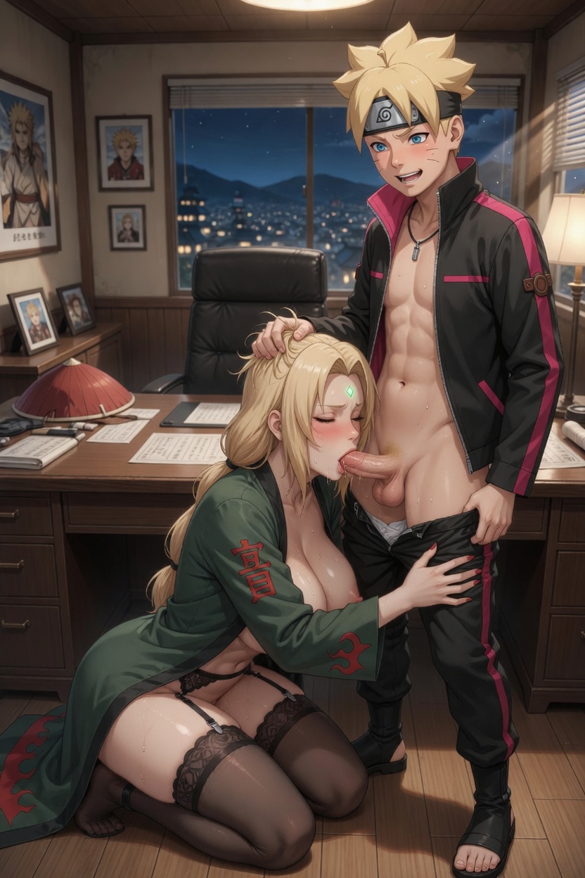 1boy, 1girls, 2026, 2d, ai generated, aistuffo, athletic, athletic male, blonde female, blonde hair, blowjob, blue eyes, blush, boruto: naruto next generations, breasts, clothed, coat, curvy, curvy figure, eyes closed, fellatio, female, headband, holding head, large breasts, lingerie, male, naruto, naruto (series), on knees, open jacket, pants, pants down, penis, penis in mouth, sex, standing, stockings, straight, tsunade, uncensored, uzumaki boruto