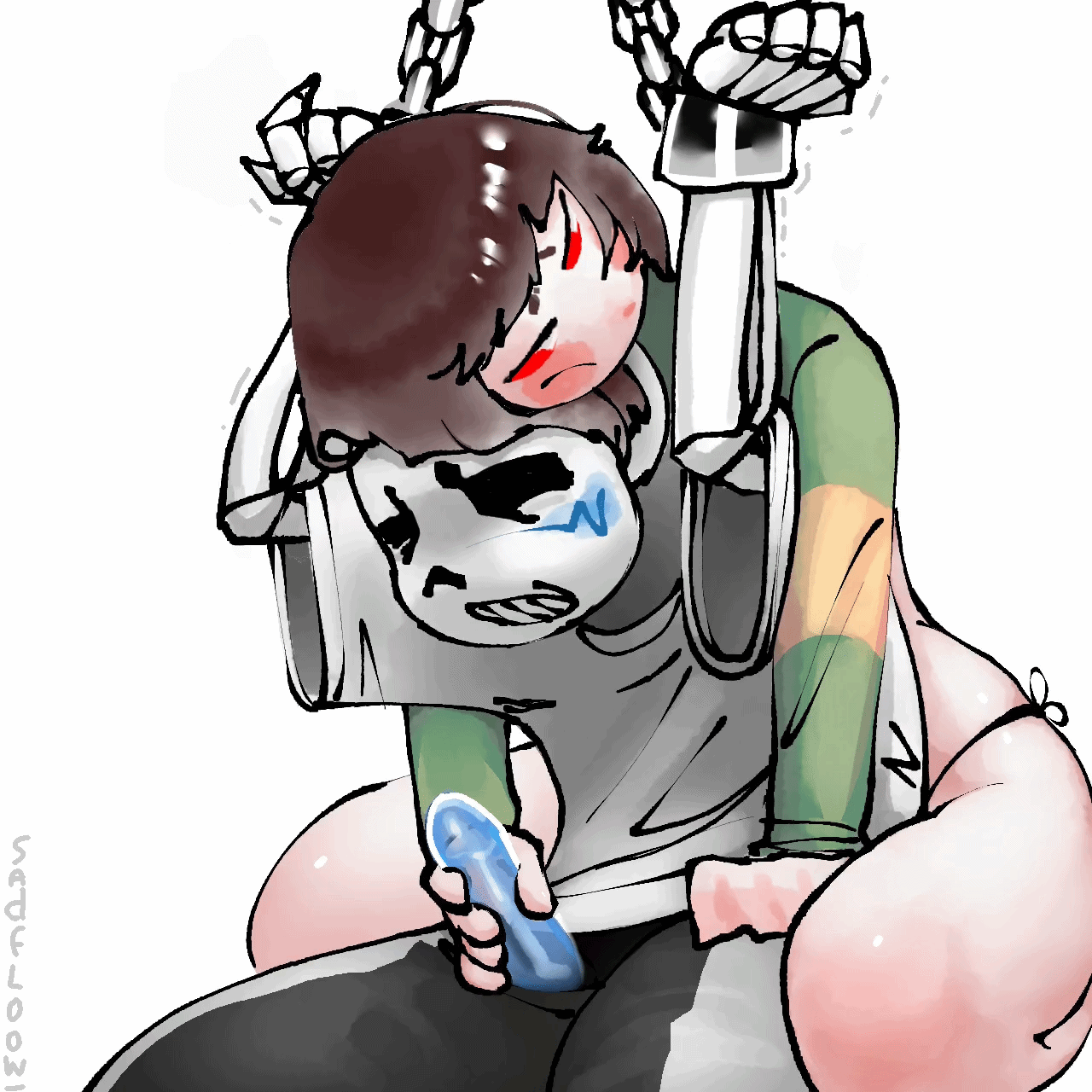about to burst, about to cum, animated, animated gif, blue penis, captured, chara, clinging, dominant, dominant female, dubious consent, enemies, female chara, female rapist, glowing penis, handcuffed, handcuffs, handjob, hostage, interspecies, male/female, masturbating other, nonconsensual, obsessed, restrained, sadfloow, sans, skeleton, submissive male, translucent penis, trembling, uncomfortable, undertale, yandere