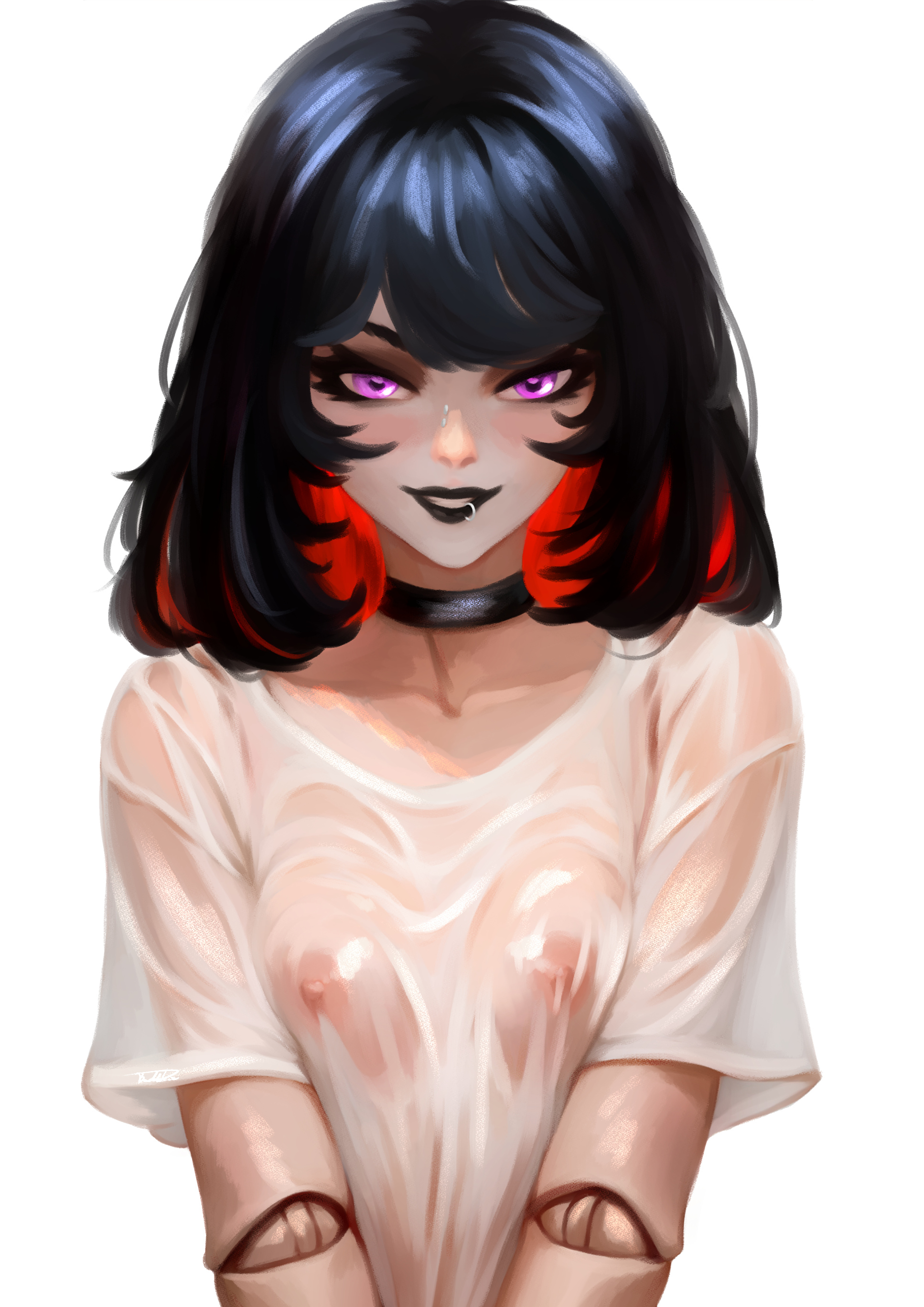 abigail (baddelz), baddelz, black choker, black hair, black lips, breasts, choker, colored inner hair, covered nipples, doll joints, face piercing, female, joints, lip piercing, lip ring, looking at viewer, medium hair, multicolored hair, nipples, original, parted lips, piercing, purple eyes, red hair, see-through clothes, shirt, short sleeves, simple background, small breasts, solo, straight-on, two-tone hair, upper body, wet, wet clothes, wet shirt, white background, white shirt