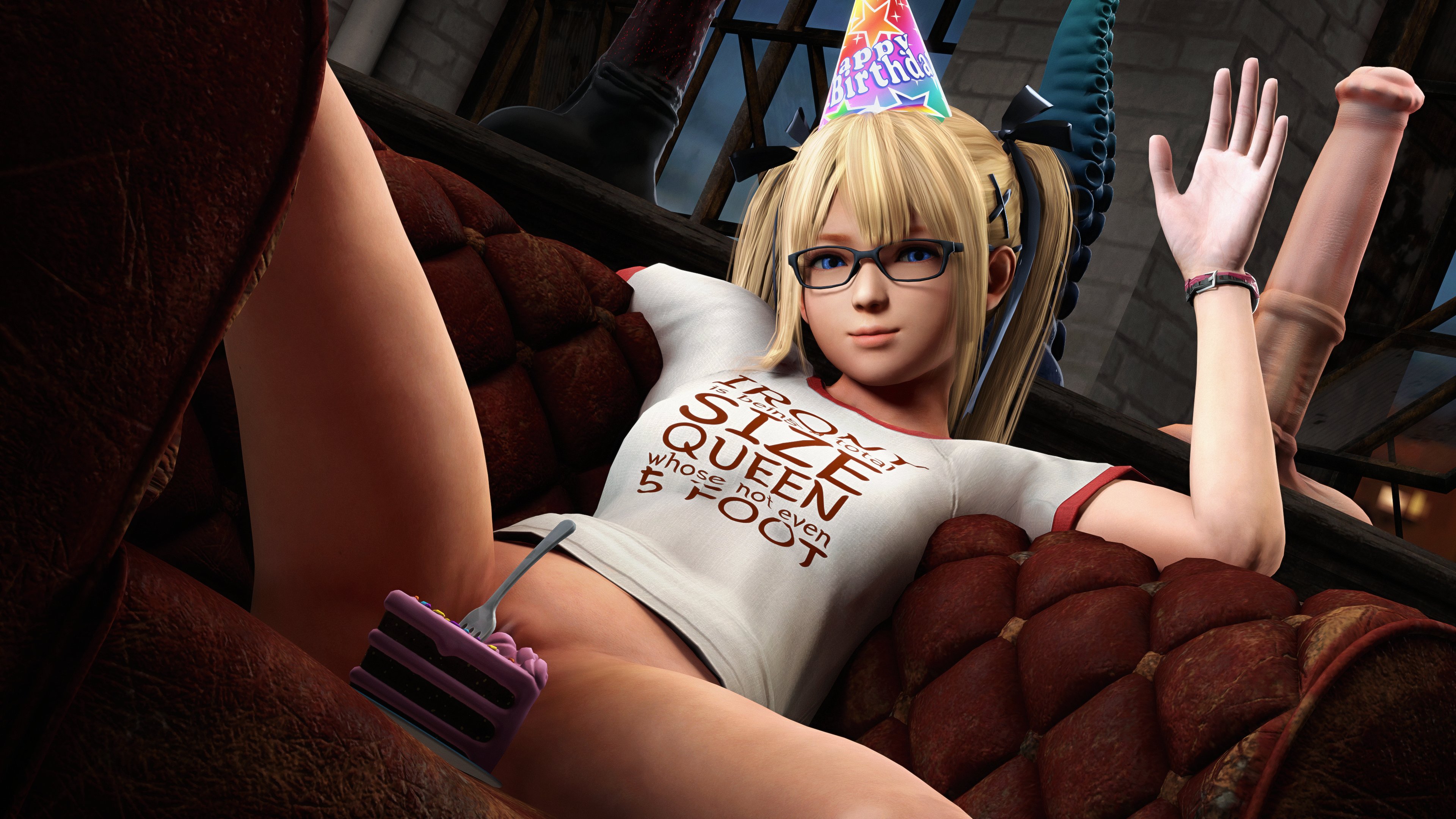 1girls, 3d, birthday, birthday cake, blonde female, blonde hair, bottomless, dead or alive, female, female only, glasses, hbnoob, marie rose, no panties, petite, pussy, size queen, solo, twintails