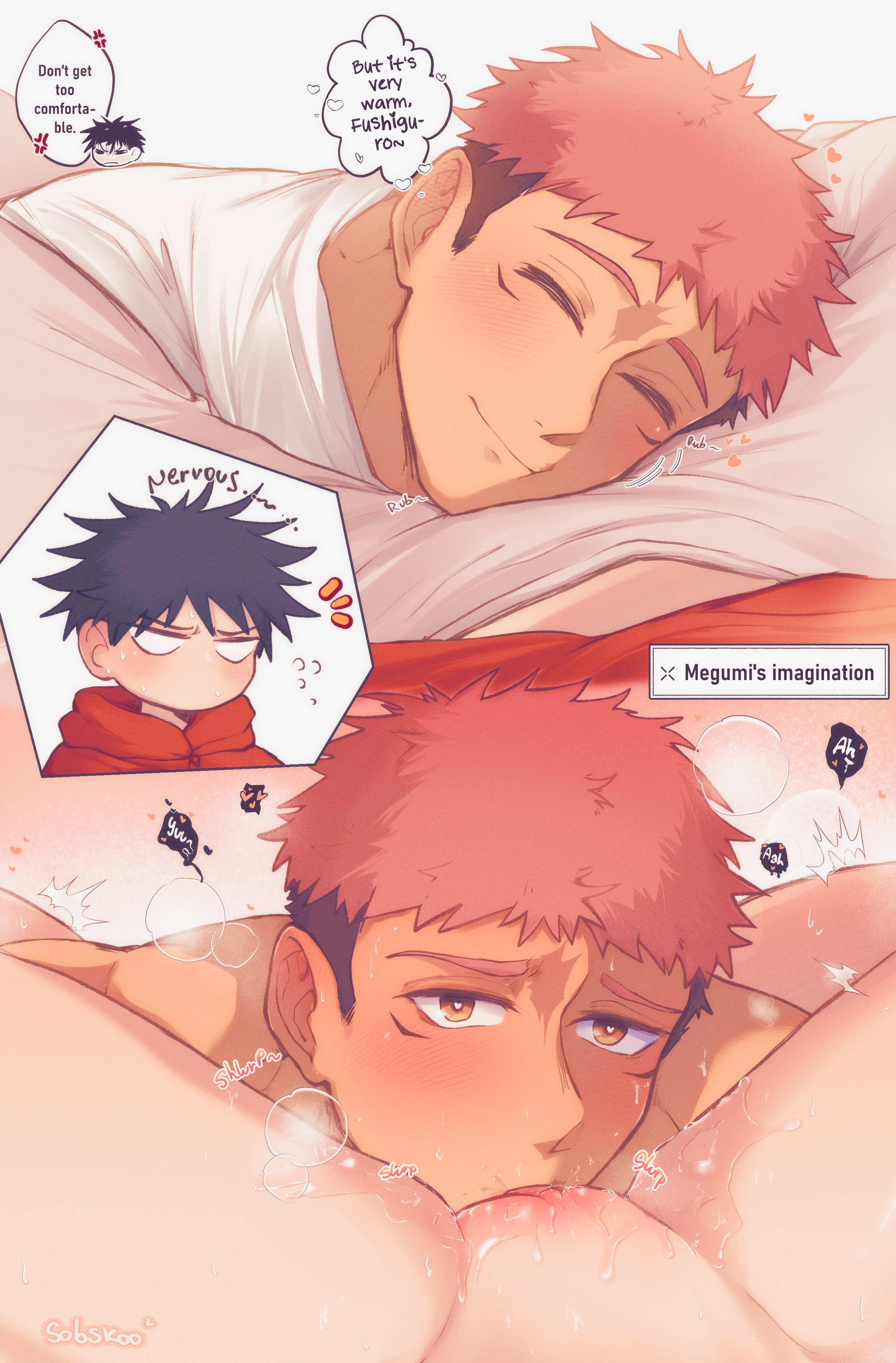 1cuntboy, black hair, closed eyes, closed mouth, cunnilingus, cuntboy, english text, fushiguro megumi, itadori yuuji, jujutsu kaisen, male focus, oral, pants, pink hair, pussy, pussy juice, short hair, smile, sobskoo, speech bubble, thighs