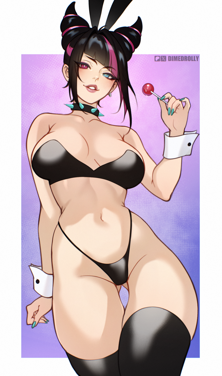 1girls, black hair, blue eyes, bunny ears, bunny girl, capcom, cleavage, dimedrolly, female, female only, hair horns, heterochromia, juri han, large breasts, lollipop, multicolored hair, pink eyes, pink hair, street fighter, thighhighs, thong, voluptuous