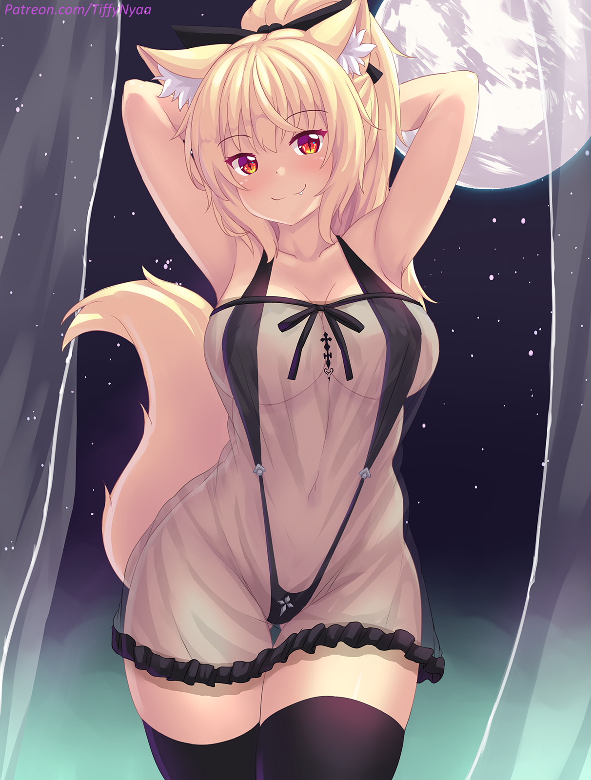 1girls, animal ears, barely visible pussy, belly, big breasts, bikini, blonde fur, blonde hair, breasts, cat girl, catgirl, clothed, curtains, curvy, cute fang, eye contact, female, female only, fur, large breasts, lingerie, long hair, looking at viewer, moon, navel, nekomimi, night, orange eyes, original character, patreon, ponytail, pose, presenting, pussy, revealing clothes, ribbon, see-through, sky, snaggletooth, solo, standing, stars, tail, text, thick thighs, thigh gap, thighhighs, tiffy, tiffynyaa, url, watermark, wide hips