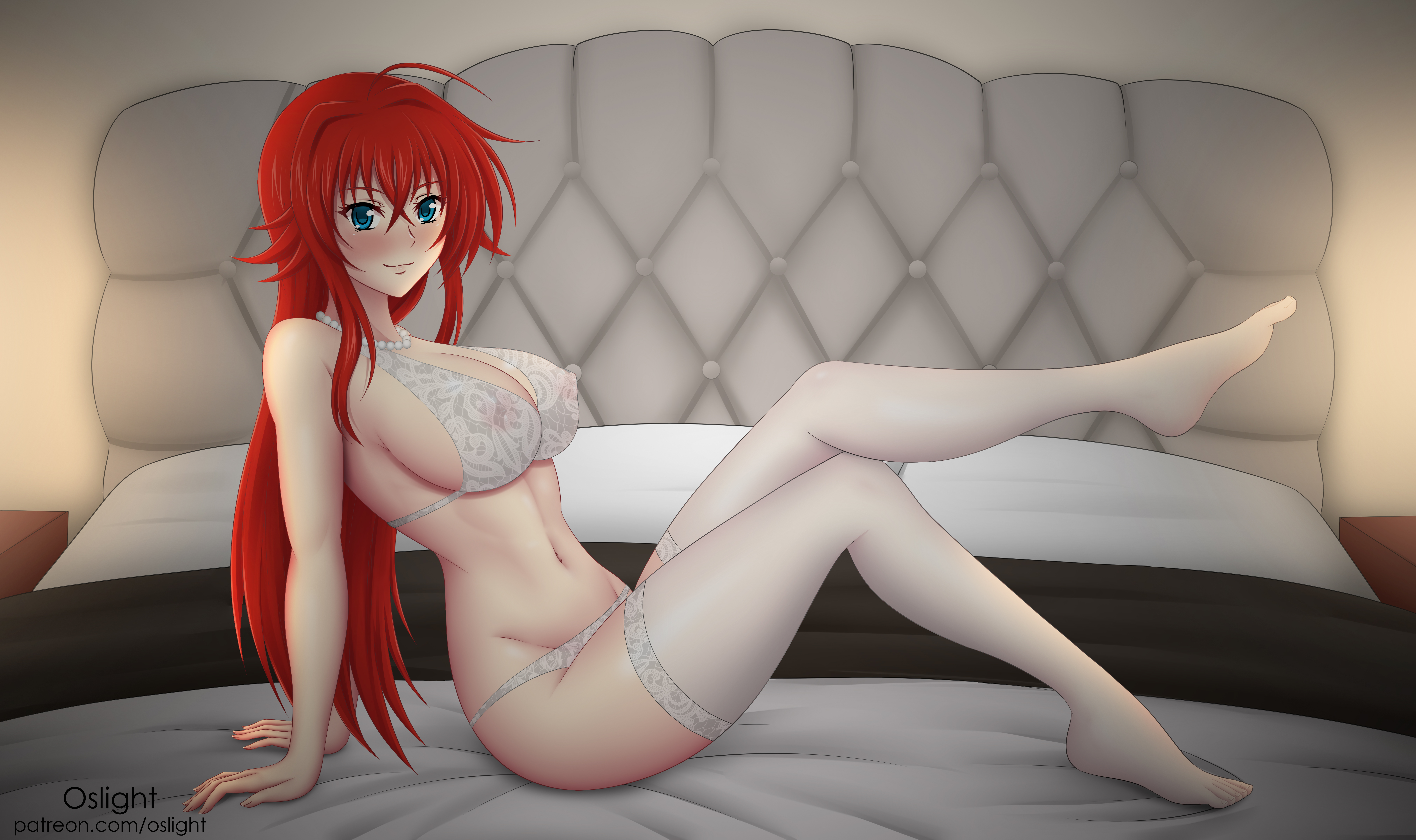 1girls, areolae, artist name, ass, bed, bedroom, big breasts, blue eyes, bra, breasts, clothing, curvy, feet, female, female only, hair, high school dxd, large breasts, legs, lingerie, long hair, long legs, looking at viewer, navel, necklace, nipples, on bed, oslight, panties, patreon reward, patreon username, red hair, rias gremory, seductive, seductive smile, see-through, smile, solo, teenager, thighhighs, thighs, watermark