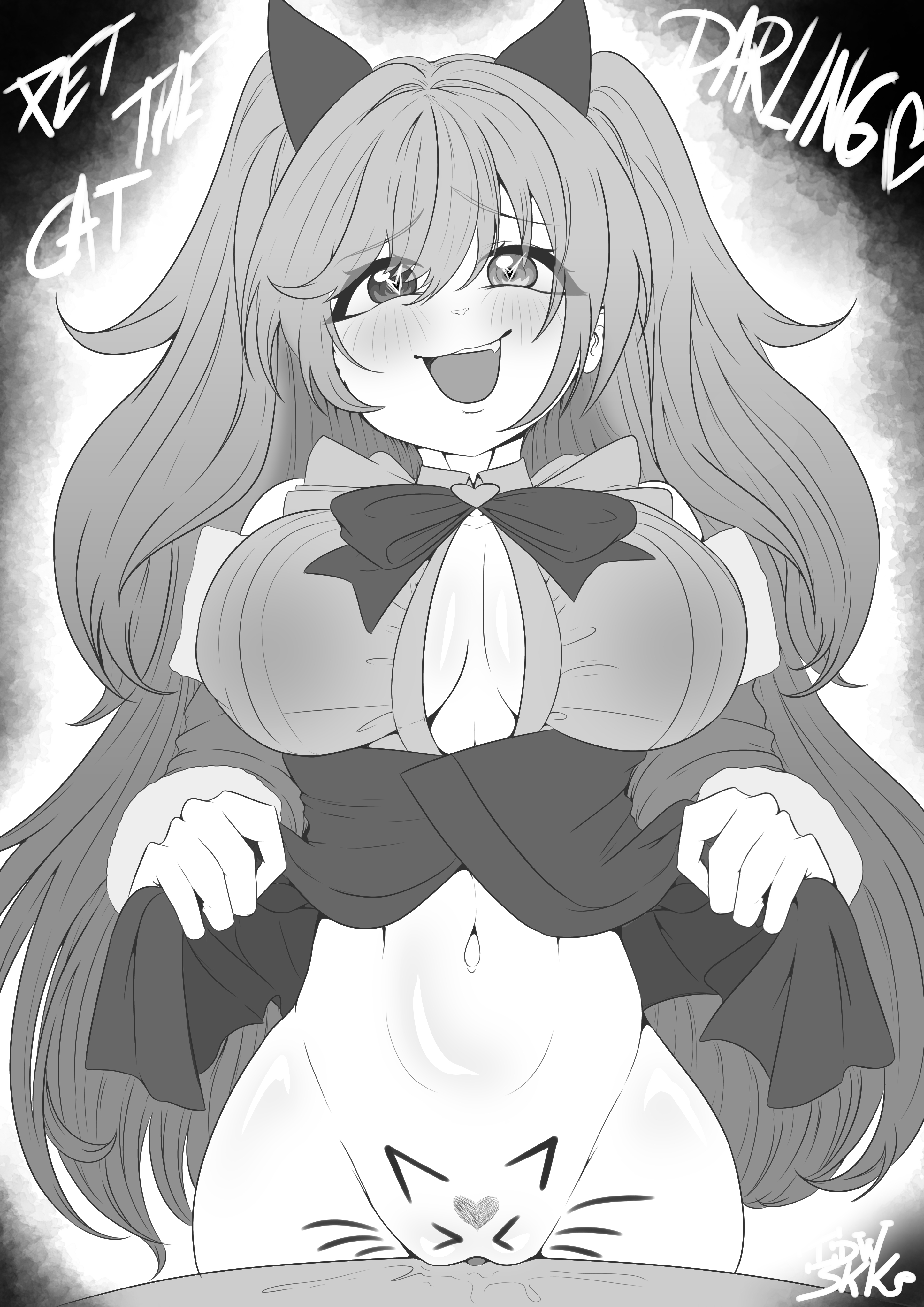 1girls, basti (girls' frontline 2), big breasts, blush, bottomless, breasts, clothing, do you want to pet my cat (meme), english text, feet out of frame, female, female only, girls' frontline, girls' frontline 2: exilium, greyscale, groin, heart-shaped pubic hair, heart-shaped pupils, idw shikikan, large breasts, long hair, looking at viewer, mk 23 (girls frontline), monochrome, navel, neck ribbon, open mouth, pubic hair, pussy, shirt, skirt, skirt lift, text