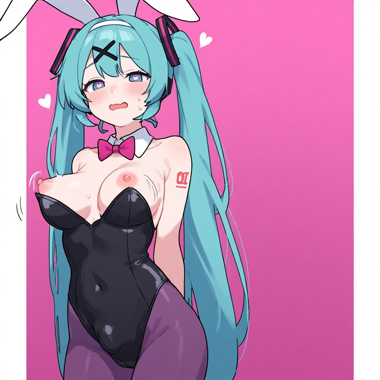 1girl, ai generated, animal ears, aqua eyes, aqua hair, arms behind back, bangs, bare shoulders, black leotard, blue eyes, blue hair, blush, bow, bowtie, breasts, breasts out, bunny ears, bunny girl, bunnysuit, cameltoe, covered navel, cowboy shot, detached collar, eyelashes, fake animal ears, hair ornament, hairband, hatsune miku, heart, heart-shaped pupils, leotard, long hair, looking at viewer, medium breasts, motion lines, nipples, number tattoo, open mouth, pantyhose, pink background, pink bow, pixiepuff, playboy bunny, purple pantyhose, rabbit ears, rabbit girl, rabbit tail, shoulder tattoo, simple background, solo, strapless, strapless leotard, sweat, symbol-shaped pupils, tattoo, twintails, two-tone body, two-tone hair, very long hair, x hair ornament