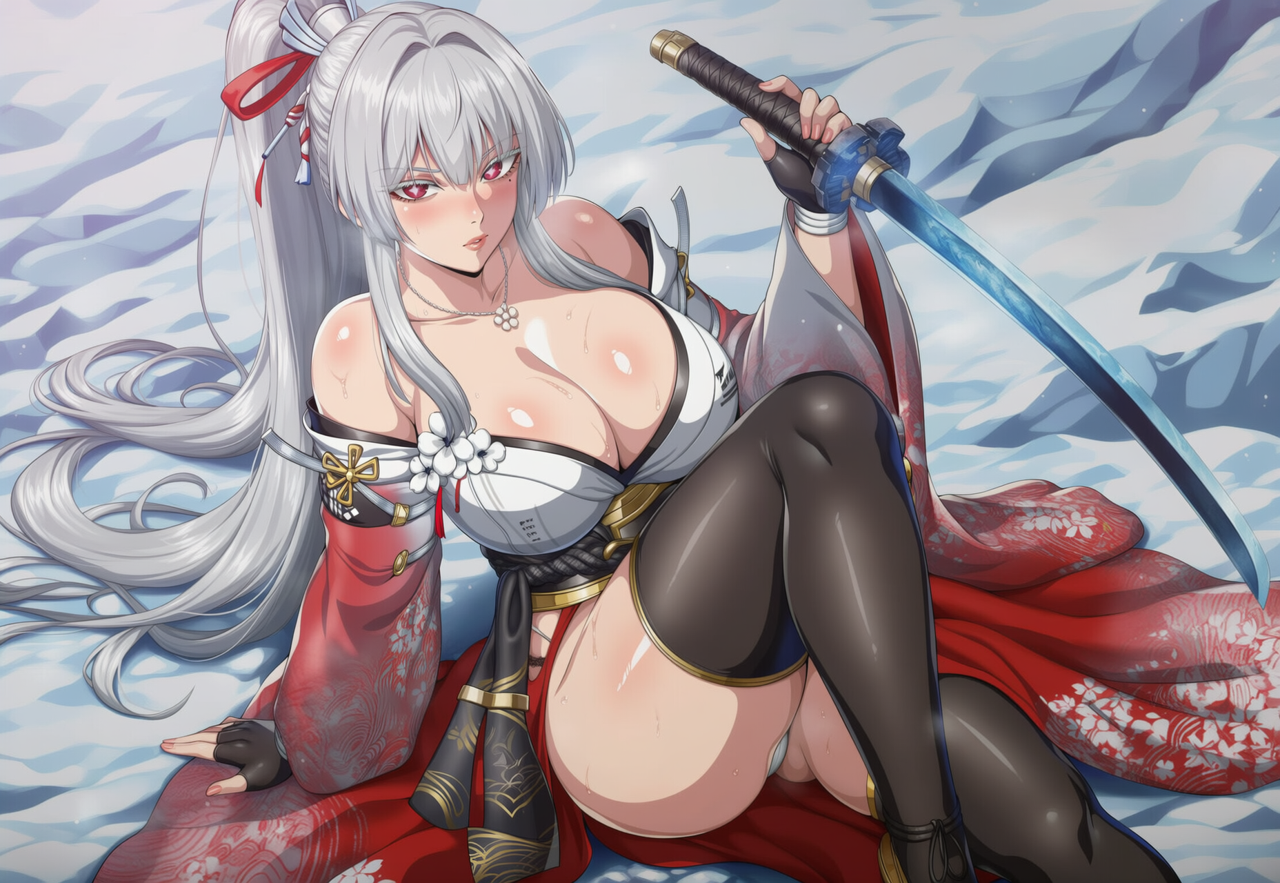 ai generated, cleavage, hiyuki (wuthering waves), katana, kimono, legs, panties, red eyes, snow, tagme, tagme (character), white eyelashes, white hair, wuthering waves