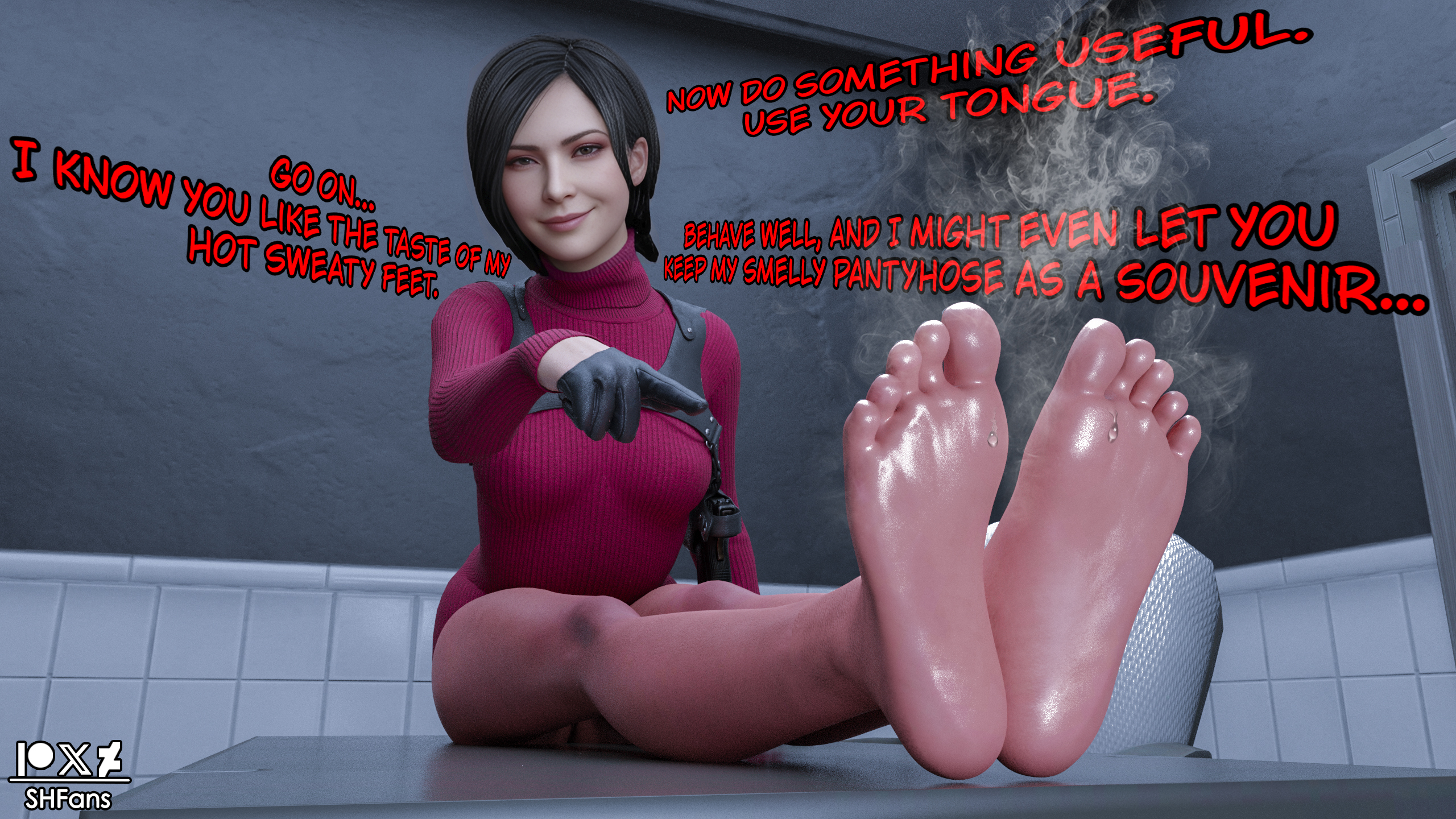 3d, 3d (artwork), 3d artwork, 3d render, ada wong, ada wong (adriana), asian, asian female, barefoot, black hair, blender (software), brown eyes, clothed, clothed female, comic, comic page, dark hair, dark hair femal, deviantart, deviantart link, deviantart url, deviantart username, disgusted look, dominant, dominant female, domination, dominatrix, dressed, earrings, feet, feet fetish, feet focus, feet together, feet up, female, female domination, female focus, female only, femdom, foot fetish, foot focus, footwear, forest, half-closed eyes, humiliation, index finger raised, insult, interrogation, interrogation pov, interrogation room, japanese, japanese female, looking at viewer, mature, mature female, musk, musk cloud, musk fetish, musky, patreon, patreon exclusive, patreon link, patreon logo, patreon only post, patreon url, patreon username, pov feet, presenting feet, red dress, resident evil, resident evil 2, resident evil 2 remake, resident evil 4, resident evil 4 remake, shfans, short hair, sitting, smell, smelly, smelly feet, smile, smirk, soles, soles feet, soles female, soles fetish, soles focus, solo female, strict, sweat, sweat body, sweat drops, sweat feet, sweat fetish, sweat foot, sweating, sweaty, sweaty body, sweaty feet, sweaty legs, text, wrinkled feet, wrinkled soles