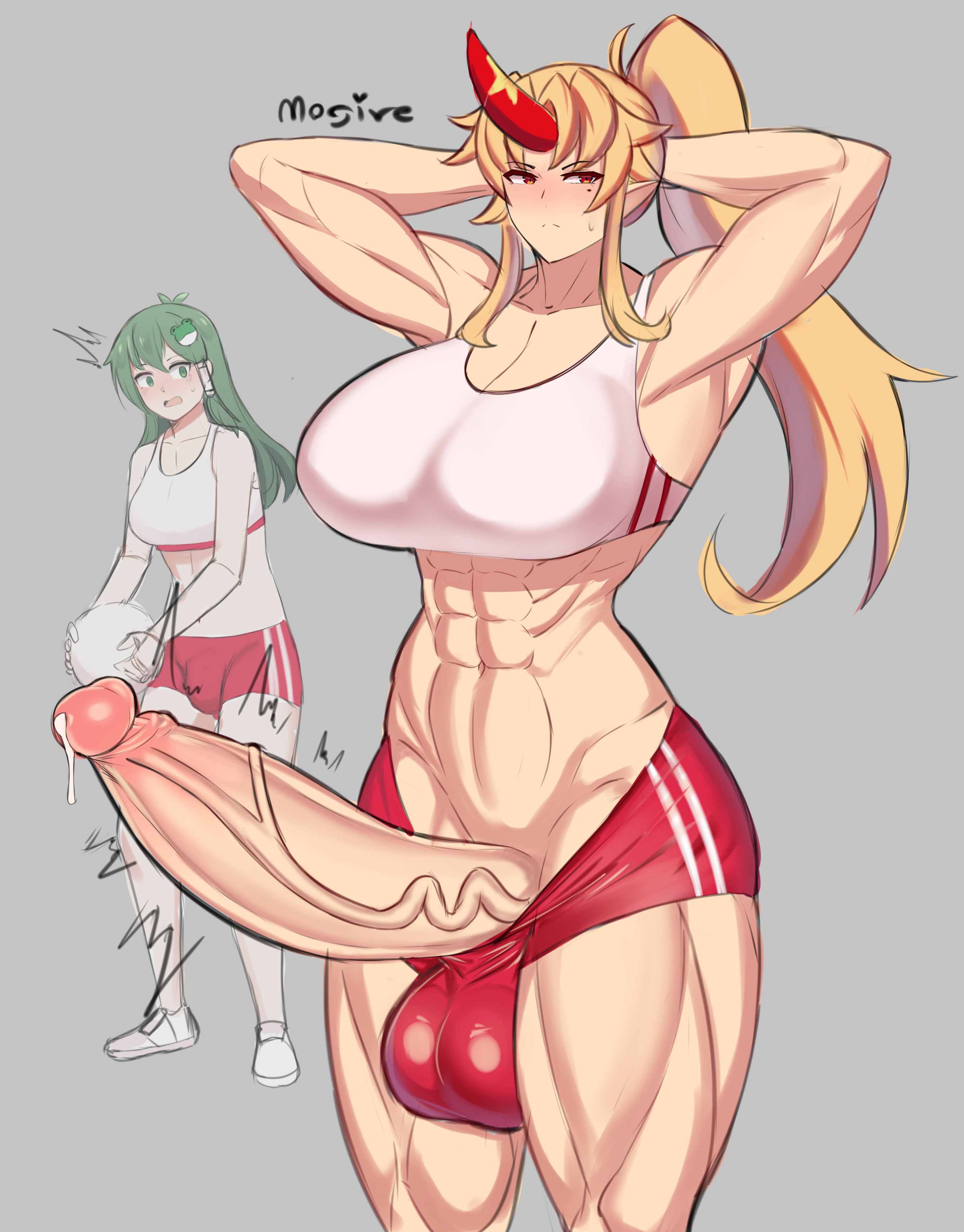 2futas, abs, big balls, big penis, bulge, futa only, futanari, hoshiguma yuugi, mogire, muscular, muscular futa, penis awe, pubic hair, sanae kochiya, touhou
