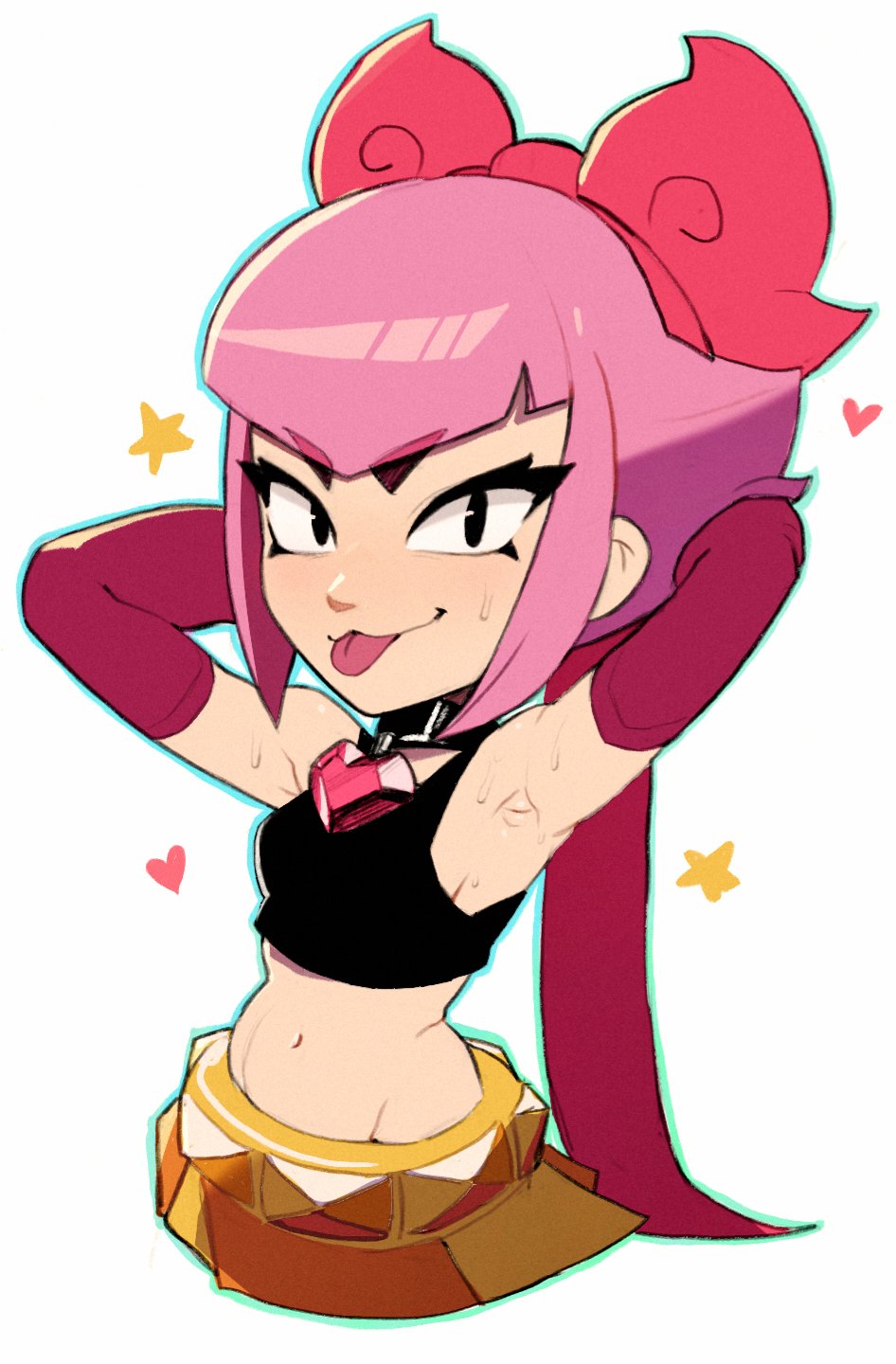 2026, armpit fetish, armpits, arms behind head, arms up, belly button, brawl stars, collar, crop top, doodle, flashing, hip bones, hip vent, hips, looking at viewer, melodie (brawl stars), sticking out tongue, supercell, sweat, sweatdrop, teasing, teasing viewer, twitter, white background, yos ev666