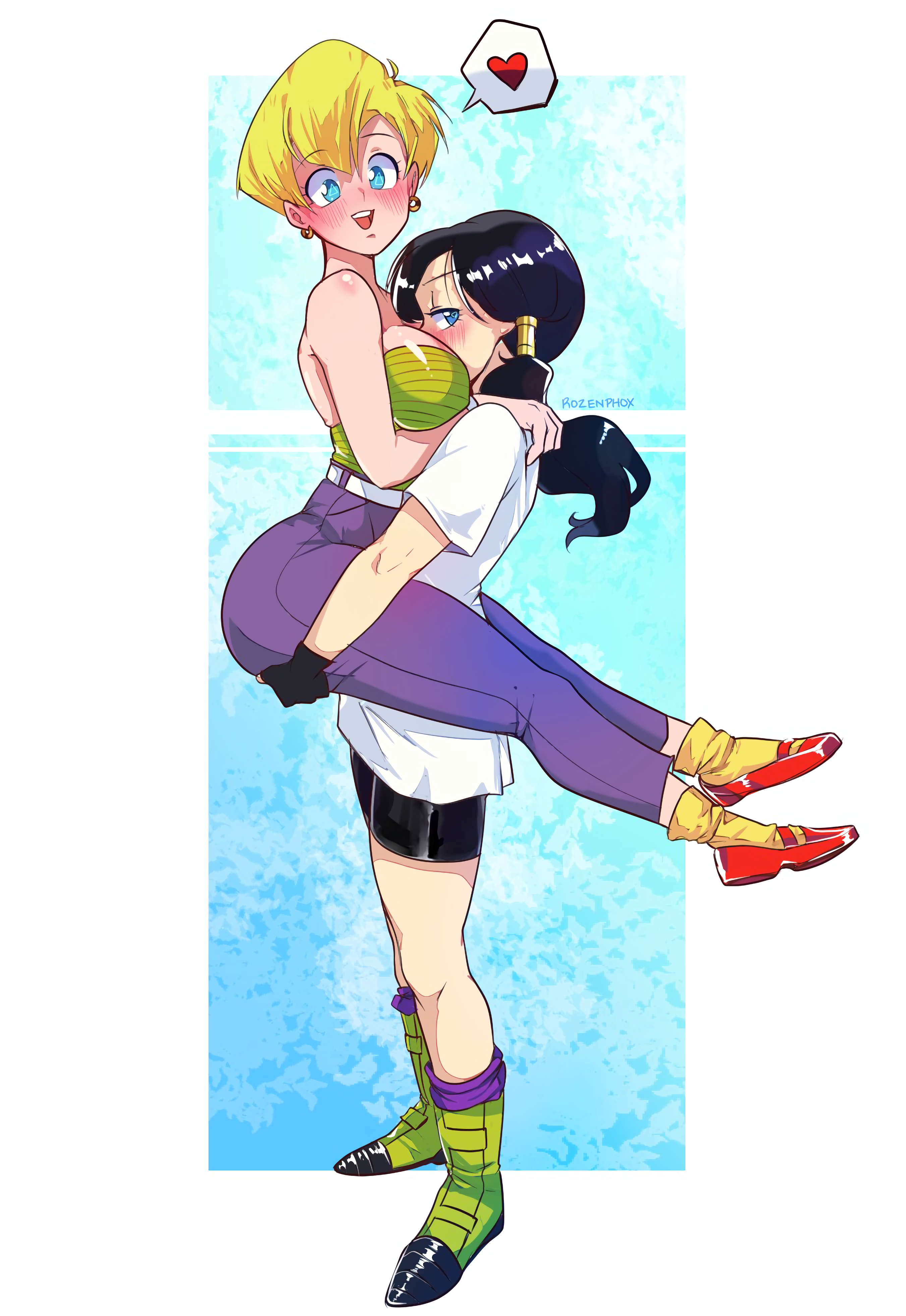 2d, 2d (artwork), 2d art, 2girls, anime, anime character, anime girl, anime style, artist logo, ass, athletic female, black hair, black hair female, black haired female, blonde, blonde female, blonde hair, blonde hair female, blonde-haired female, blue eyes, blush, blushing, blushing female, blushing profusely, boobs, boobs focus, boots, breast focus, breast size difference, breasts, carrying, carrying another, carrying character, carrying partner, carrying position, circle eyes, clothed, clothed female, clothing, colored, coloured, couple, couple (romantic), curvy, curvy body, curvy figure, cute, cute face, cute female, cyan eyes, dark blue hair, deep blush, dragon ball, dragon ball super, dragon ball z, erasa, eye contact, face between breasts, fat ass, female, female focus, female human, female only, female/female, fighter, fingerless gloves, girlfriends, gloves, had a dream everyone was drawing lesbian ships like this (meme), hair tied, happy female, heart, higher resolution duplicate, holding, image, jeans, lesbian, lesbian couple, lesbian focus, lesbians, light blue hair, light body, light skin, light-skinned female, looking at viewer, looking back, looking back at viewer, love heart, low pig tails, low pigtails, meme, oppai, pants, parody, puffphox, romantic, rozenphox, sexy, sexy body, sfw, sfw version, shiny skin, shirt, shoes, short hair, side eye, side eye at viewer, size difference, skinny female, smooth skin, speech bubble, strong female, t-shirt, teenage female, teenage girl, teenager, teenager on teenager, teenagers, thick, thick ass, thick thighs, tied hair, tits, triangle eyes, videl, videl (dragon ball z), videl (long hair), watermark, what if, wholesome, wholesome as fuck, yellow hair, yellow hair female, yuri