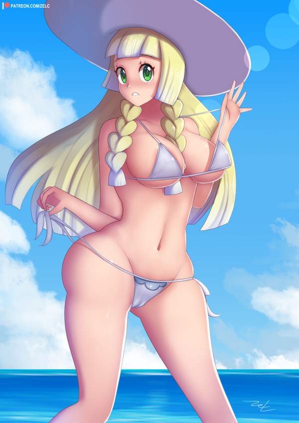 1girls, alternate breast size, alternate outfit, ass, belly, big ass, big breasts, big eyes, bikini, bikini pull, blue background, blush, bra, braids, breasts, cameltoe, cleavage, clouds, day, eye contact, female, female only, green eyes, hat, human, large breasts, lillie (pokemon), long hair, looking at viewer, midriff, navel, nintendo, ocean, outdoors, panties, patreon, pokemon, pokemon sm, pose, pussy, sideboob, sky, solo, swimsuit, teeth, text, thick thighs, thighs, thong, url, water, watermark, white bikini, wide hips, zelc-face