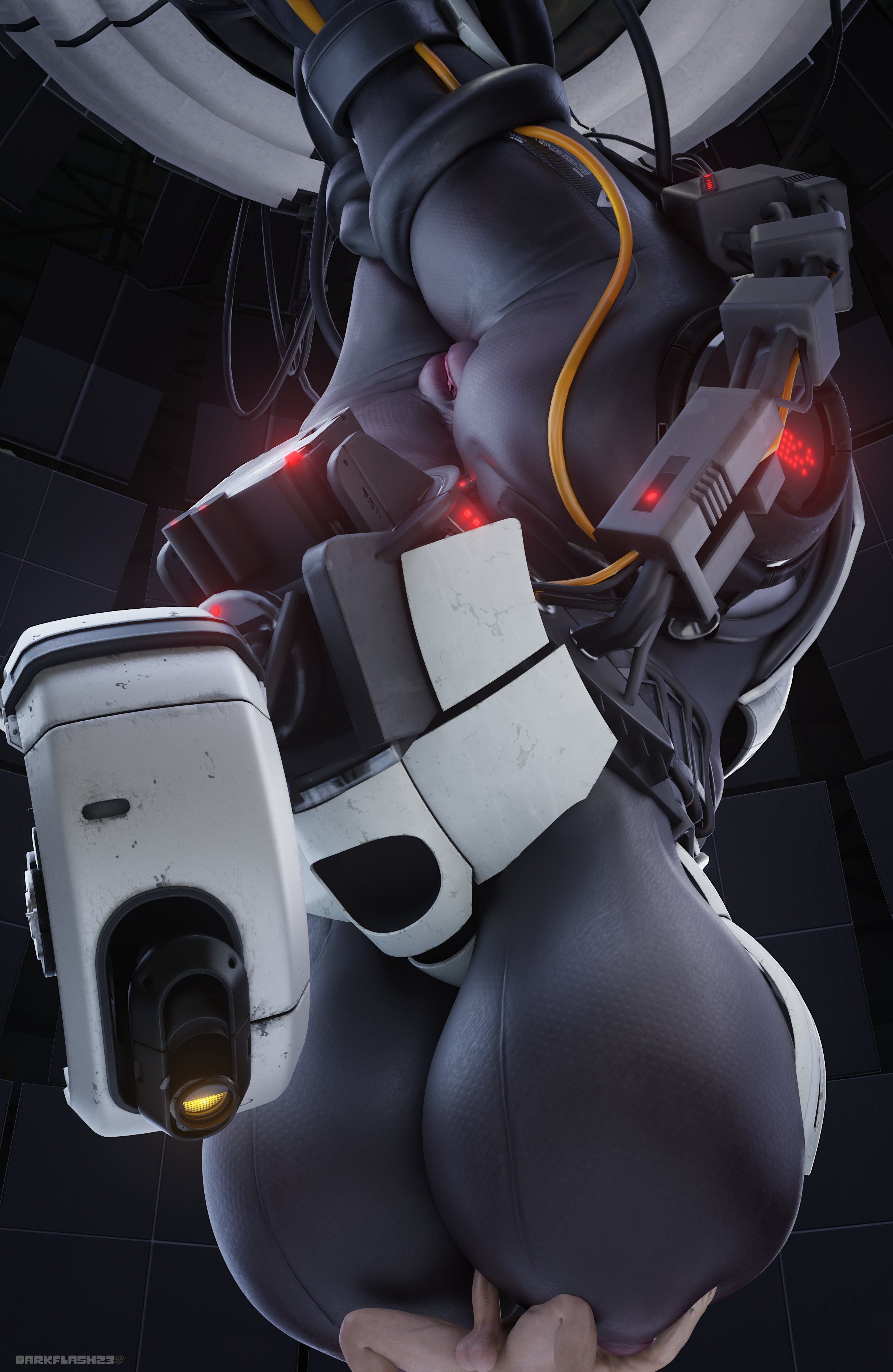 3d, darkflash23, glados, huge breasts, human, large breasts, larger female, paizuri, portal (series), robot, robot girl, smaller male, straight