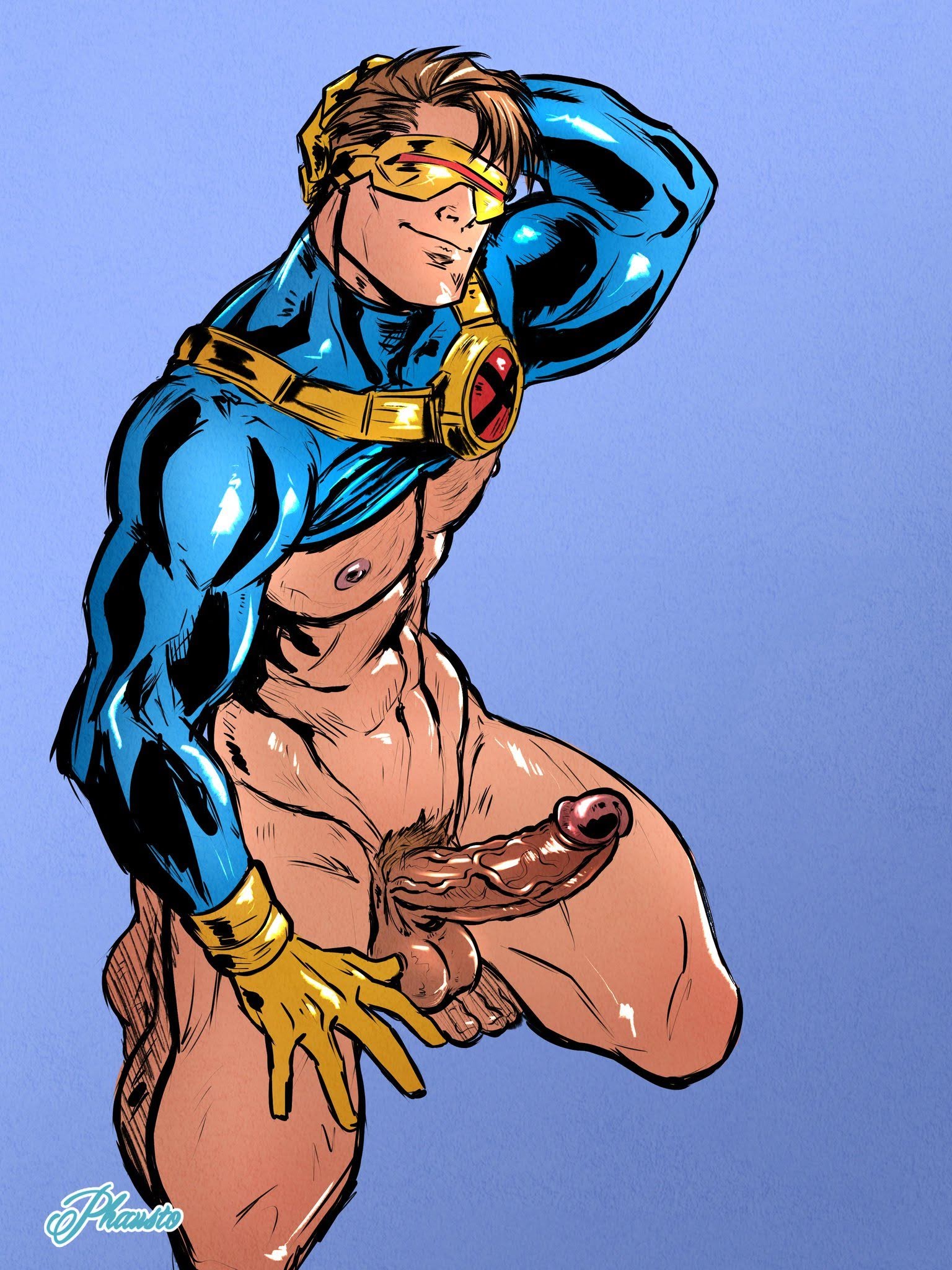 1boy, balls, costume, cyclops (x-men), erection, foreskin, fully retracted foreskin, male, male only, marvel, marvel comics, muscles, muscular, mutant, navel, nipples, penis, phausto, retracted foreskin, scott summers, solo, superhero, uncensored, uncircumcised, visor, x-men, yaoi