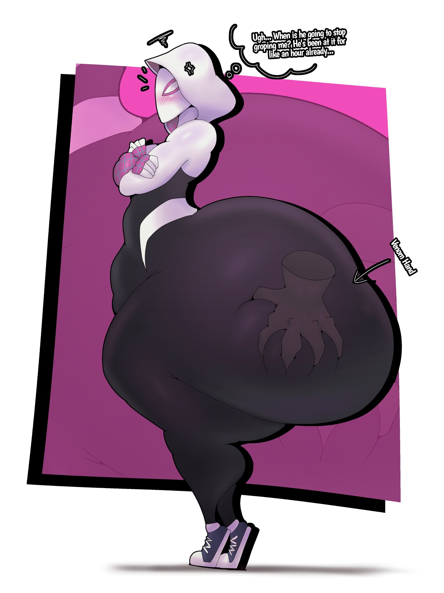 1girls, ass, big ass, blush, bottom heavy, fat ass, gigantic ass, groping, groping ass, gwen stacy, huge ass, hyper, hyper ass, marvel, mask, masked, masked female, massive ass, spider-gwen, spider-man (series), superheroine, text, thedeathcrow05, thick thighs, venom (marvel)
