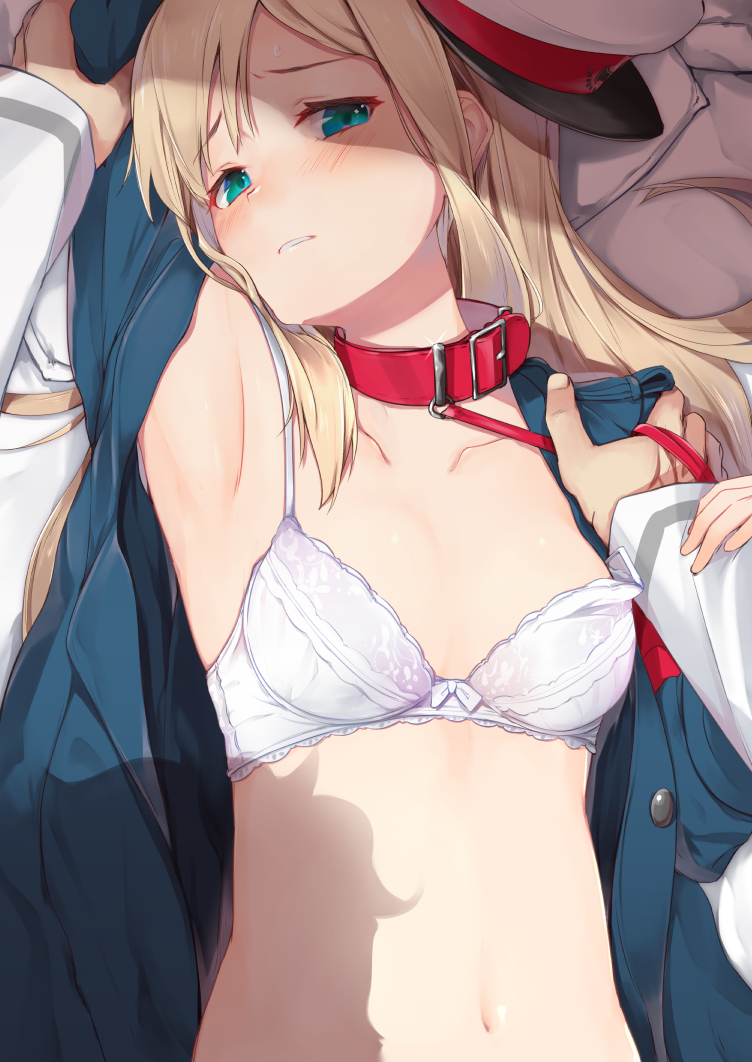 armpits, bangs, bed sheet, blonde hair, blush, breasts, clothed, collar, collarbone, female, forced exposure, forced undressing, hair ornament, hat, leash, lingerie, looking at viewer, navel, on bed, pillow, reines el-melloi archisorte, shadow, small breasts, undressing, white bra