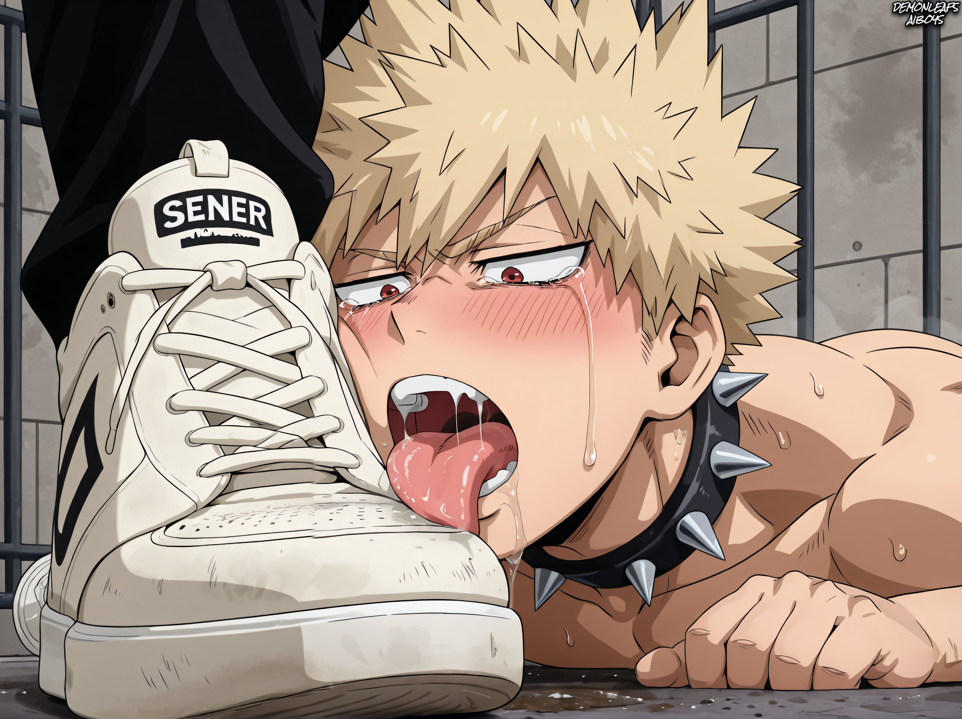 ai generated, bakugou katsuki, blonde hair, blonde male, boku no hero academia, dirty feet, dirty shoes, dirty socks, feet, feet fetish, feet focus, foot fetish, foot focus, foot lick, foot play, foot worship, gay, gay domination, gay male, gay sex, katsuki bakugou, licking, licking shoes, male, male focus, male only, male/male, my hero academia, puppyplay, saliva, sneaker fetish, sneaker lick, sneakers, submissive, submissive male, tears, tongue, tongue out, yaoi