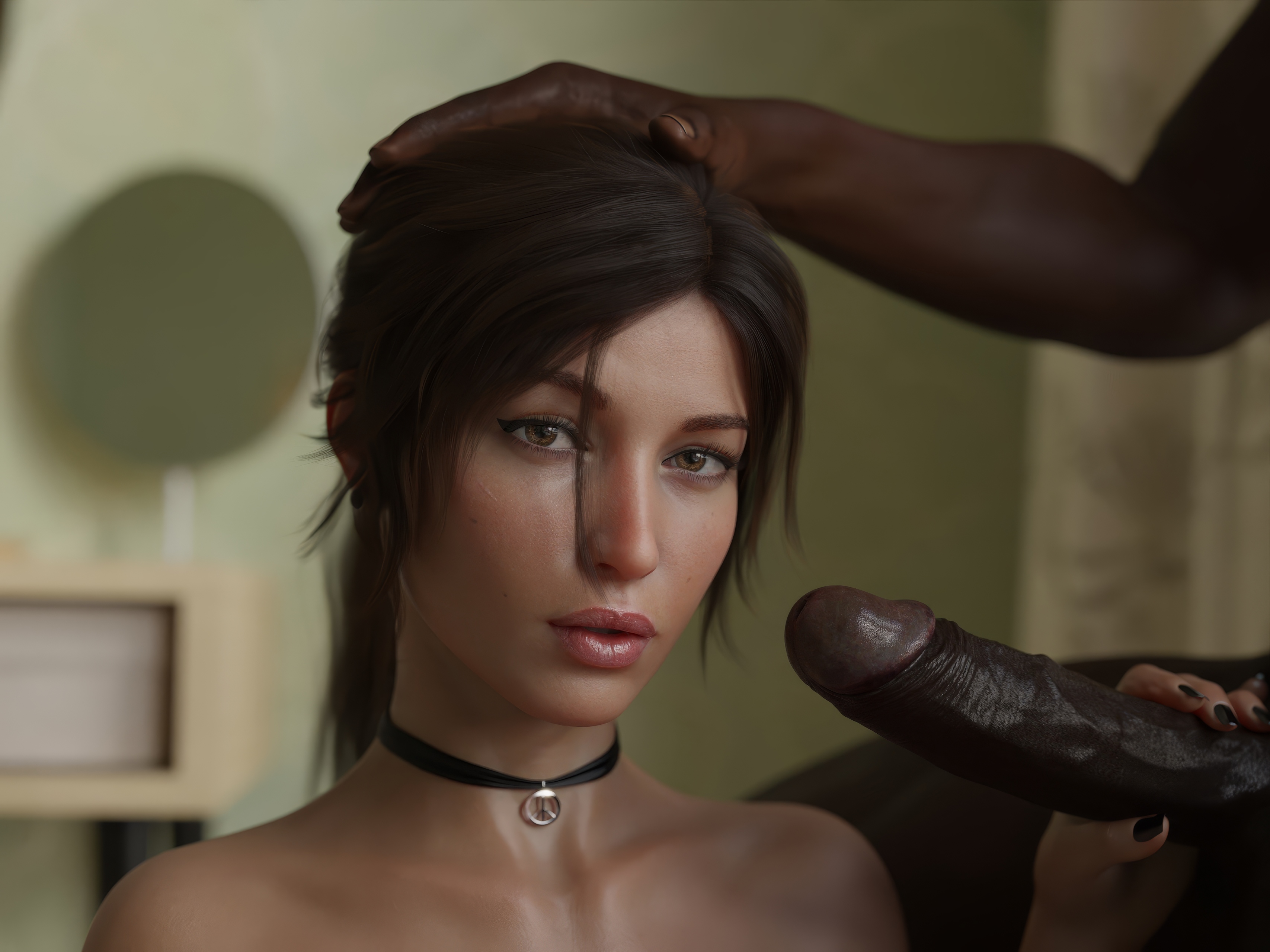 3d, brown eyes, brunette, choker, closeup, dark-skinned male, holding penis, imminent fellatio, interracial, lara croft, lara croft (survivor), large penis, looking at viewer, ponytail, sickcycle, tomb raider, tomb raider (survivor)