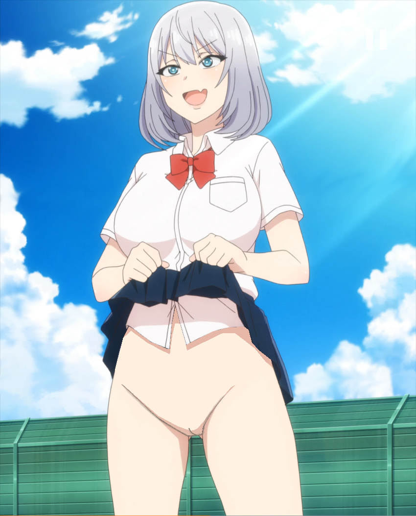 edit, female, female pervert, flashing, no panties, nude filter, outdoors, pussy, smile, tejina senpai, tejina senpai (character)