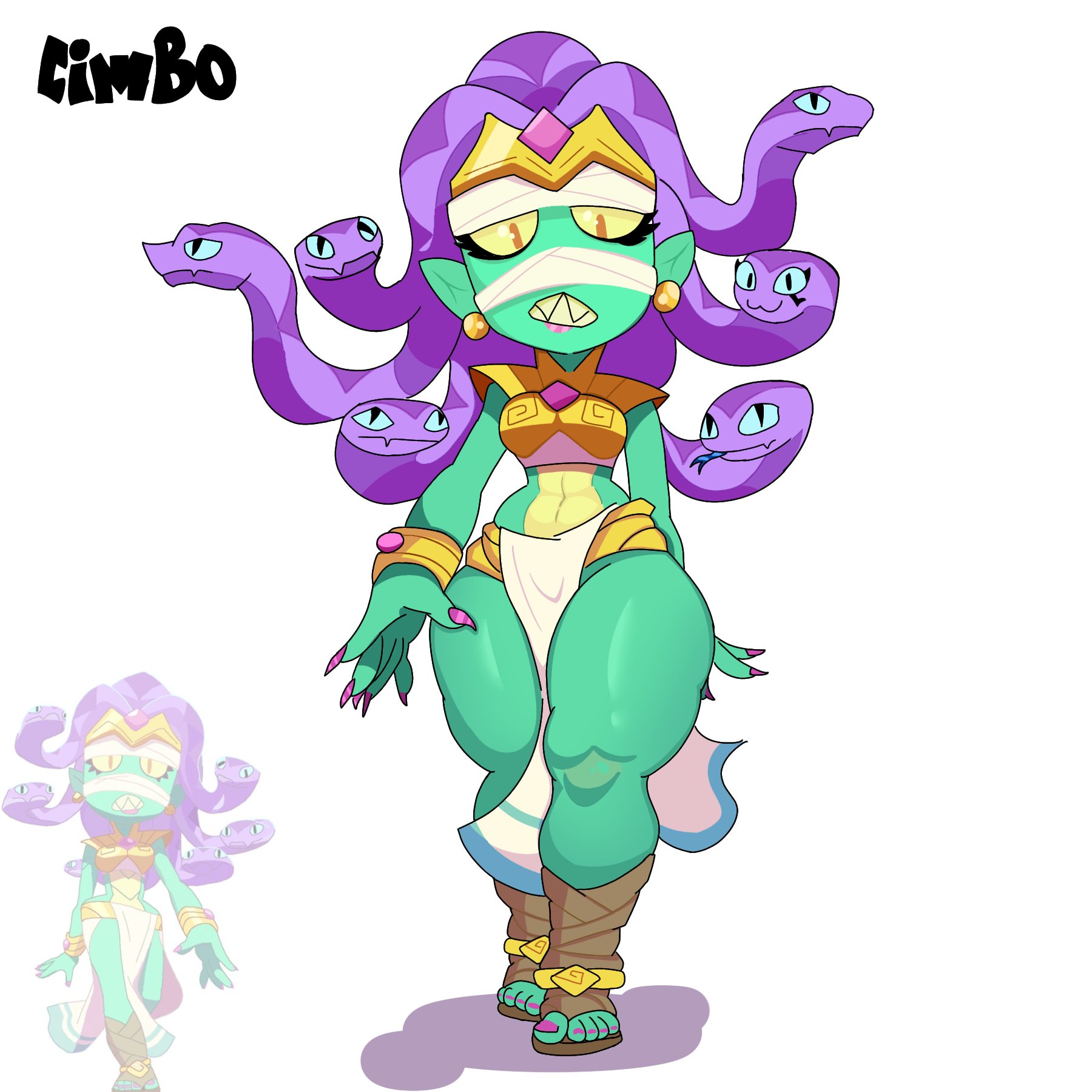 1girls, bracelet, brawl stars, brown eyes, chestplate, chimbo tieso, earrings, emz (brawl stars), eyelashes, female, female only, foot wraps, gold jewelry, green body, lipstick, long fingernails, medusa, medusa emz (brawl stars), mummy wrappings, painted nails, painted toenails, pointy ears, reference image, sharp teeth, simple background, slim waist, snake, thick thighs, white background