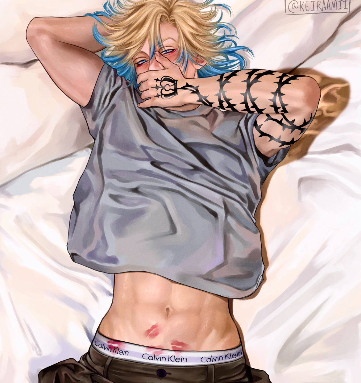 abdomen, abs, belly button, blonde hair, blue lock, boxers, calvin klein, hand on mouth, lipstick mark, lipstick on crotch, male, michael kaiser, muscular male, pose, suggest, tattooed arm