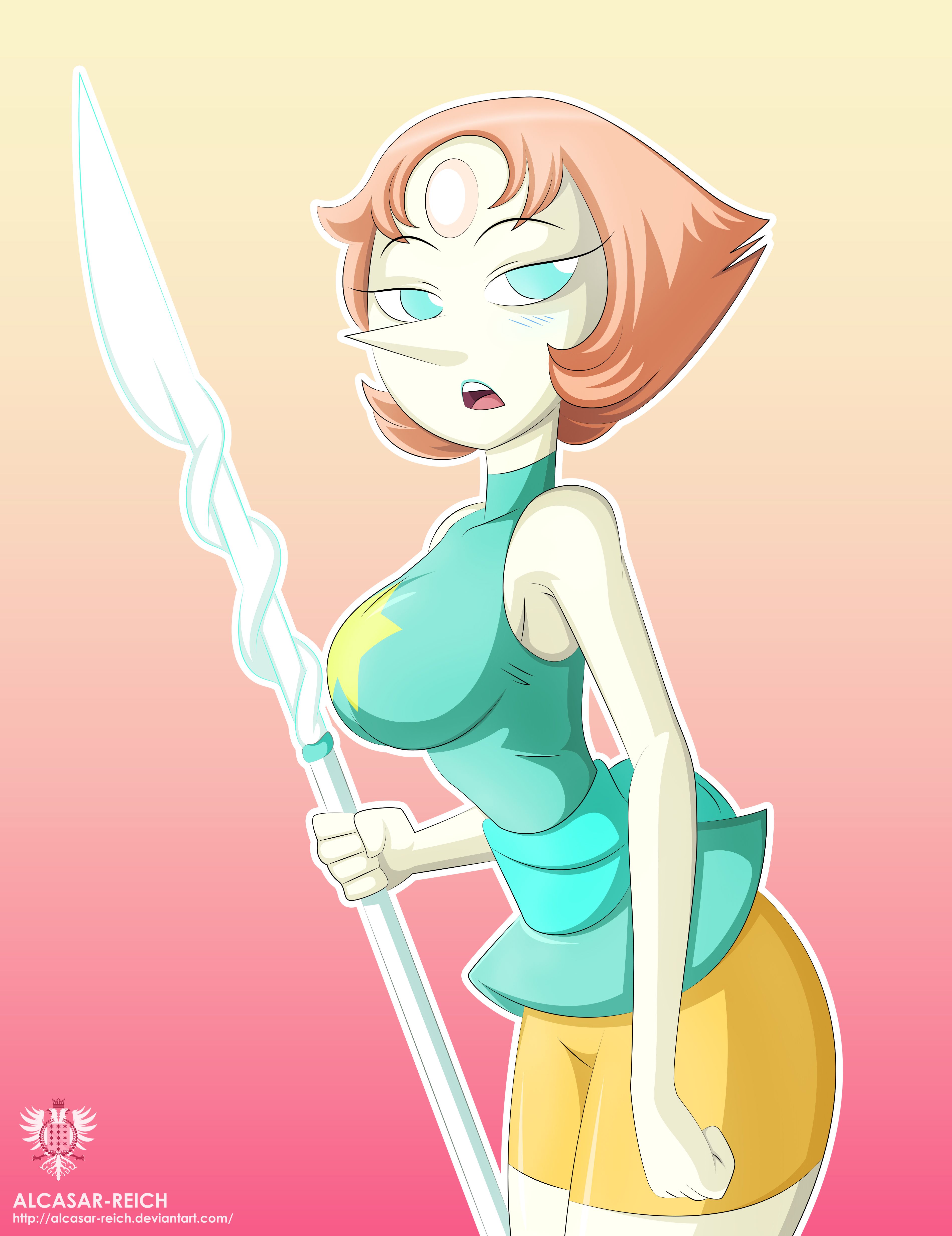 1girls, alcasar-reich, bare shoulders, bedroom eyes, blue eyes, blush, breasts, female, holding, holding weapon, large breasts, light skin, looking at viewer, open mouth, pearl (steven universe), short hair, shorts, spear, steven universe, thighs