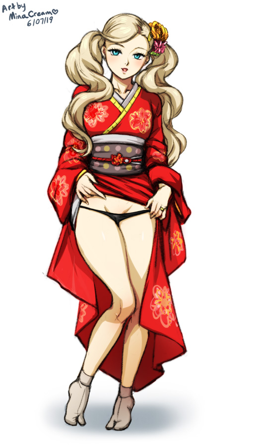 1girls, 2019, ann takamaki, artist name, blonde hair, clothing, dated, female, female only, flower in hair, flowers, hair, heart, kimono, lifting clothing, long hair, megami tensei, minacream, obi, panties, persona, persona 5, solo, tabi, twintails, video games, white background