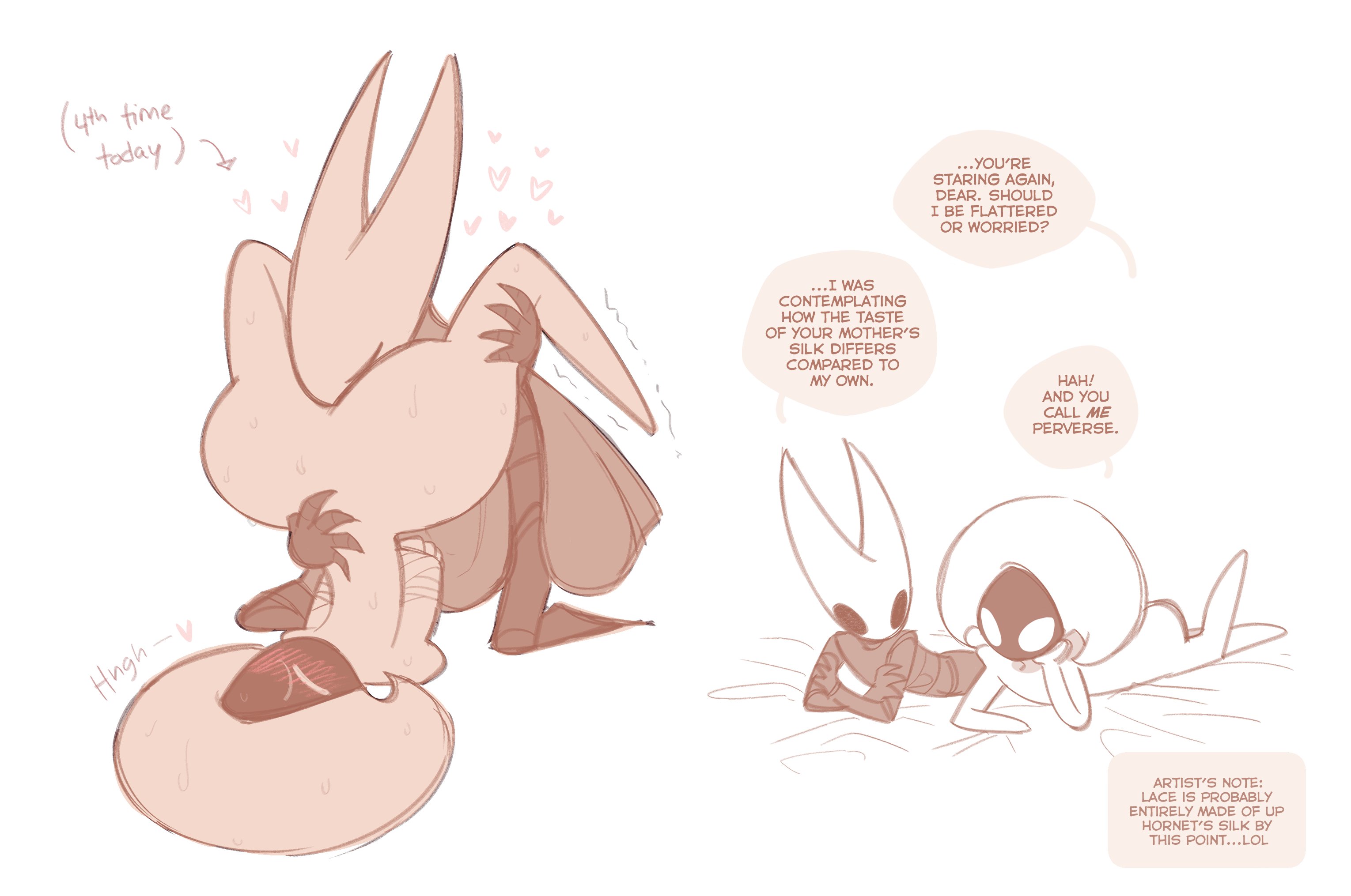 2girls, abafterdark, after sex, blush, cunnilingus, dialogue, eating pussy, heart, hollow knight, hollow knight (franchise), hollow knight: silksong, hornet (hollow knight), lace (hollow knight: silksong), lace (hollow knight), lesbian sex, sweat, sweating, team cherry, yuri