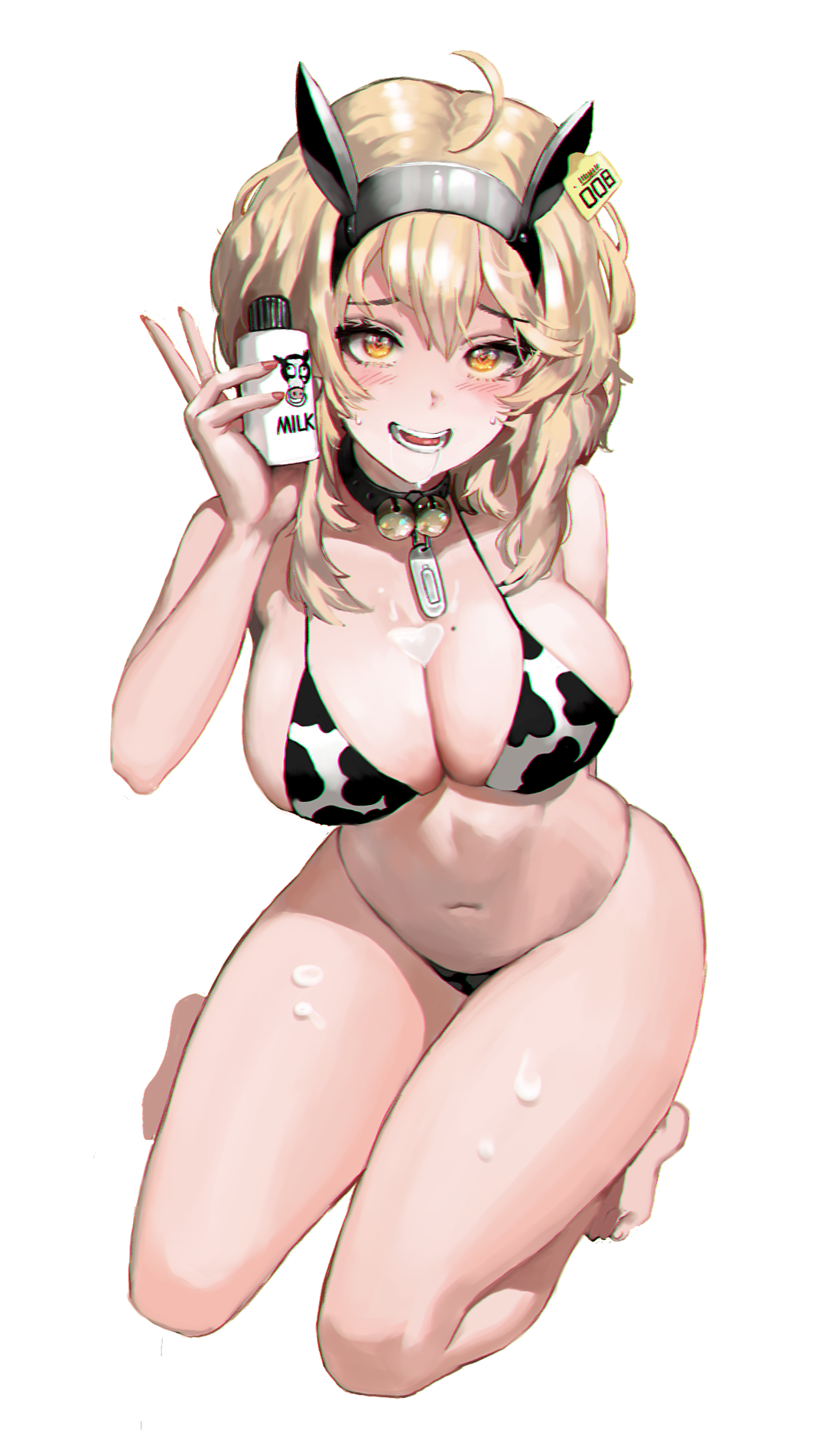 ahoge, animal ears, animal print, barefoot, bell, bikini, black bikini, black swimsuit, blonde hair, blush, bottle, breasts, choker, cleavage, cow bikini, cow ears, cow girl, cow horns, cow print, cowbell, ear tag, fake animal ears, feet, female, high resolution, horns, ihobus, kneeling, large breasts, looking at viewer, milk, milk bottle, mole, mole on breast, nail polish, navel, open mouth, original, simple background, smile, solo, string bikini, swimsuit, white background, white bikini, white swimsuit, yellow eyes