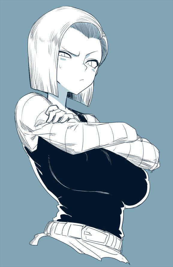 1girls, android 18, big breasts, breasts, cleavage, curvy, dragon ball, erect nipples, eyebrows, eyelashes, female, female only, huge areolae, huge breasts, large breasts, looking at viewer, monochrome, nipple bulge, nipples, puffy nipples, short hair, simple background, solo, solo female, spacezin, thick lips, voluptuous
